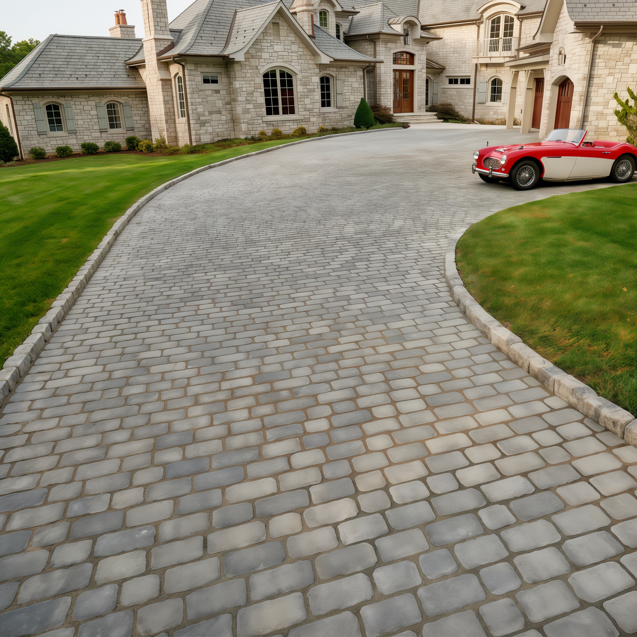 Curved driveway paved with Shale Grey Villagio stones (Sandlewood / Beveled/Permeable/Modular Size)
