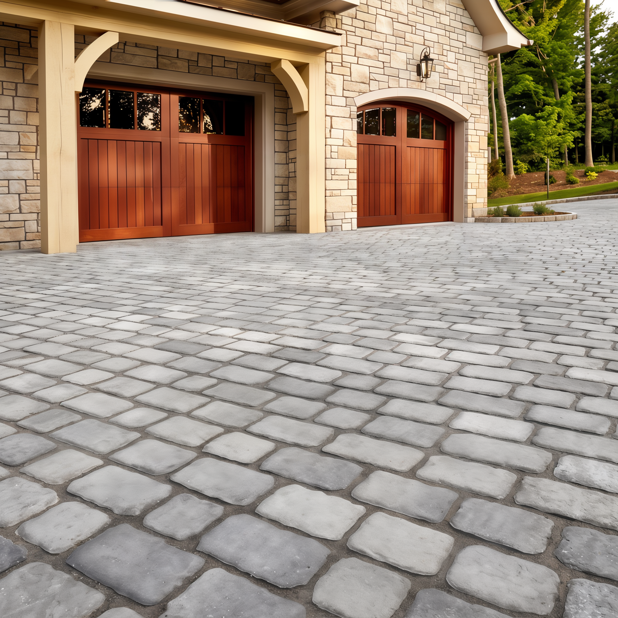 Driveway made of Shale Grey Villagio paver and garage (Sandlewood / Beveled/Permeable/Modular Size)
