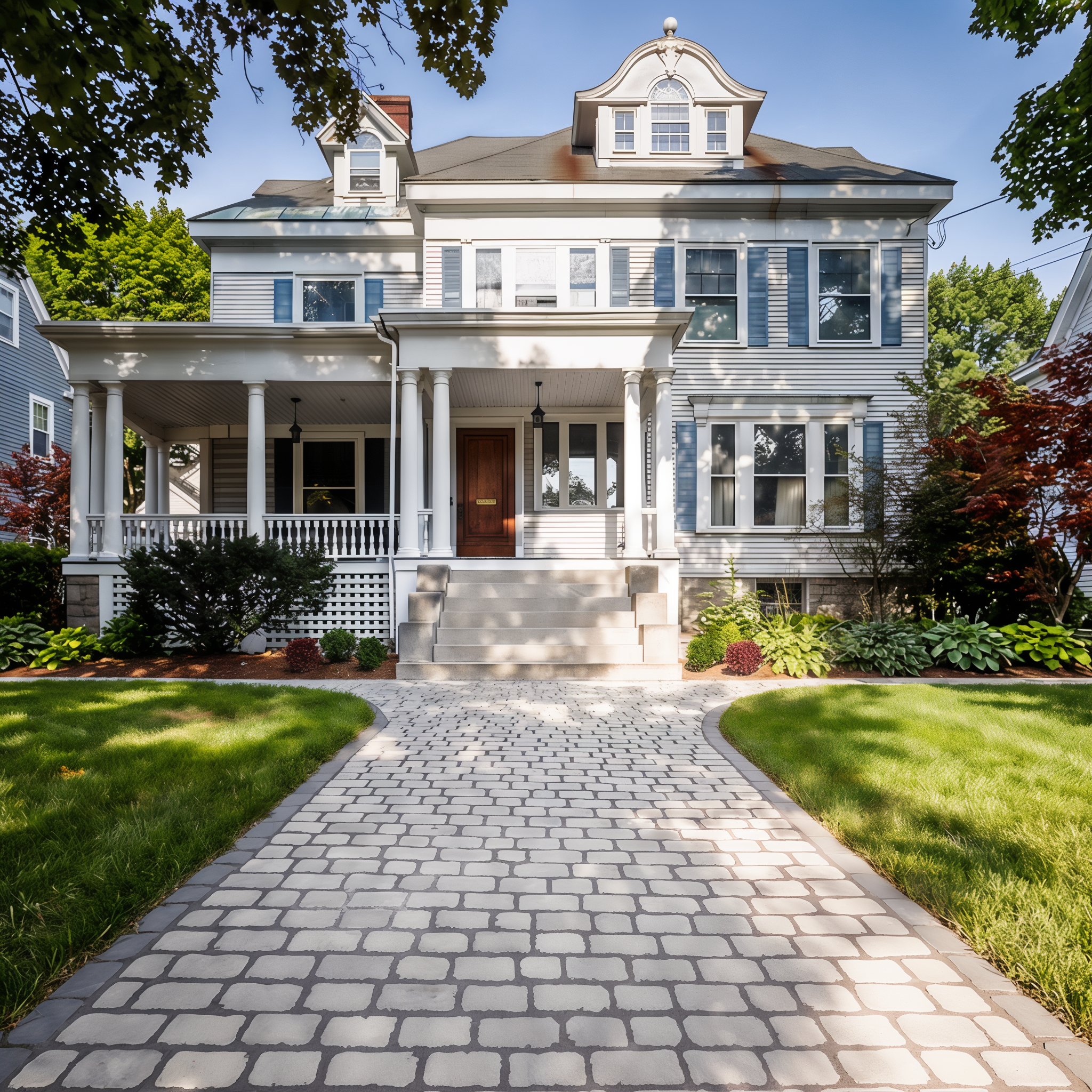Shale Grey Villagio paver path to front steps of a home (Merlot / Beveled/Permeable/Modular Size)