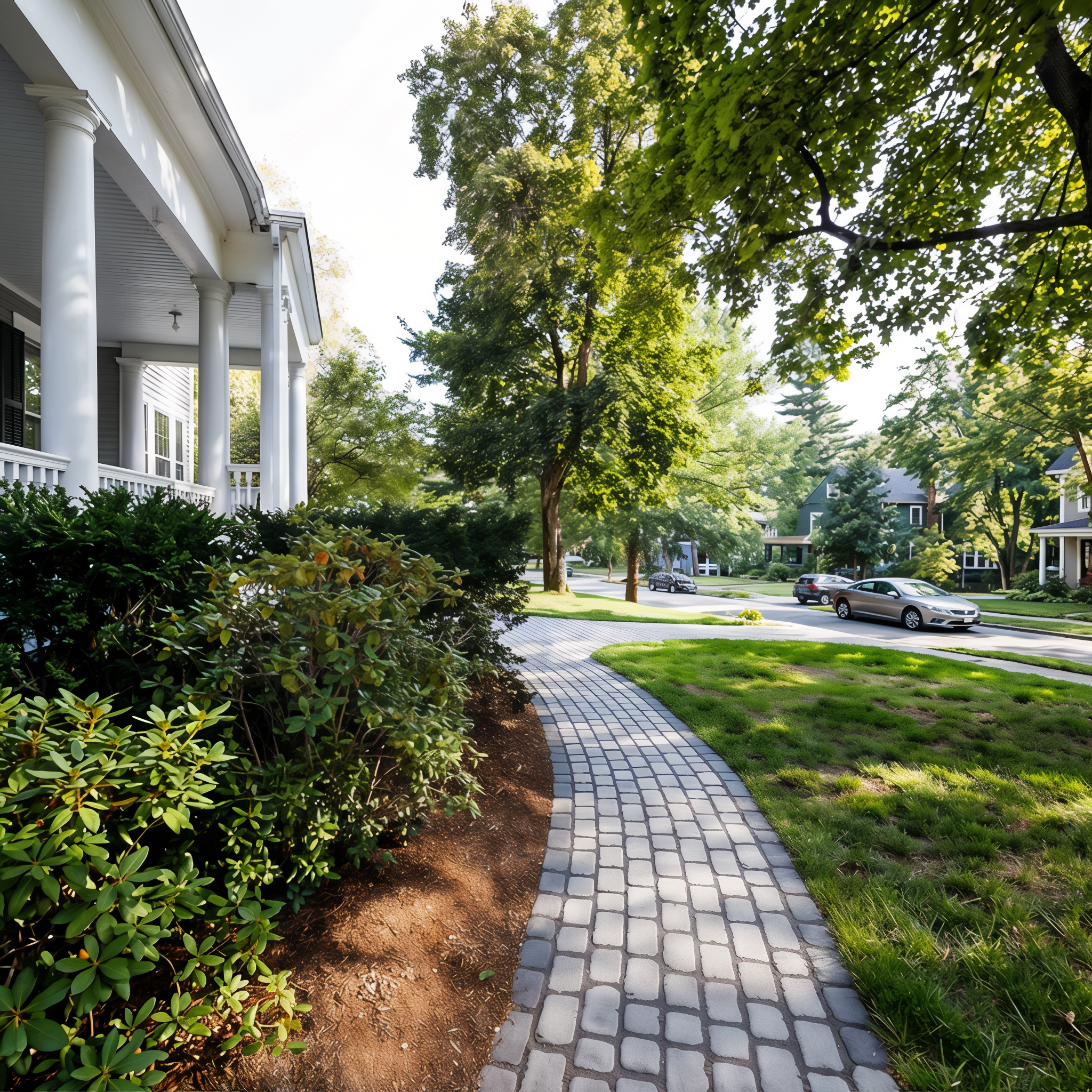 Winding front walkway using Shale Grey Villagio paver (Sandlewood / Beveled/Permeable/Modular Size)