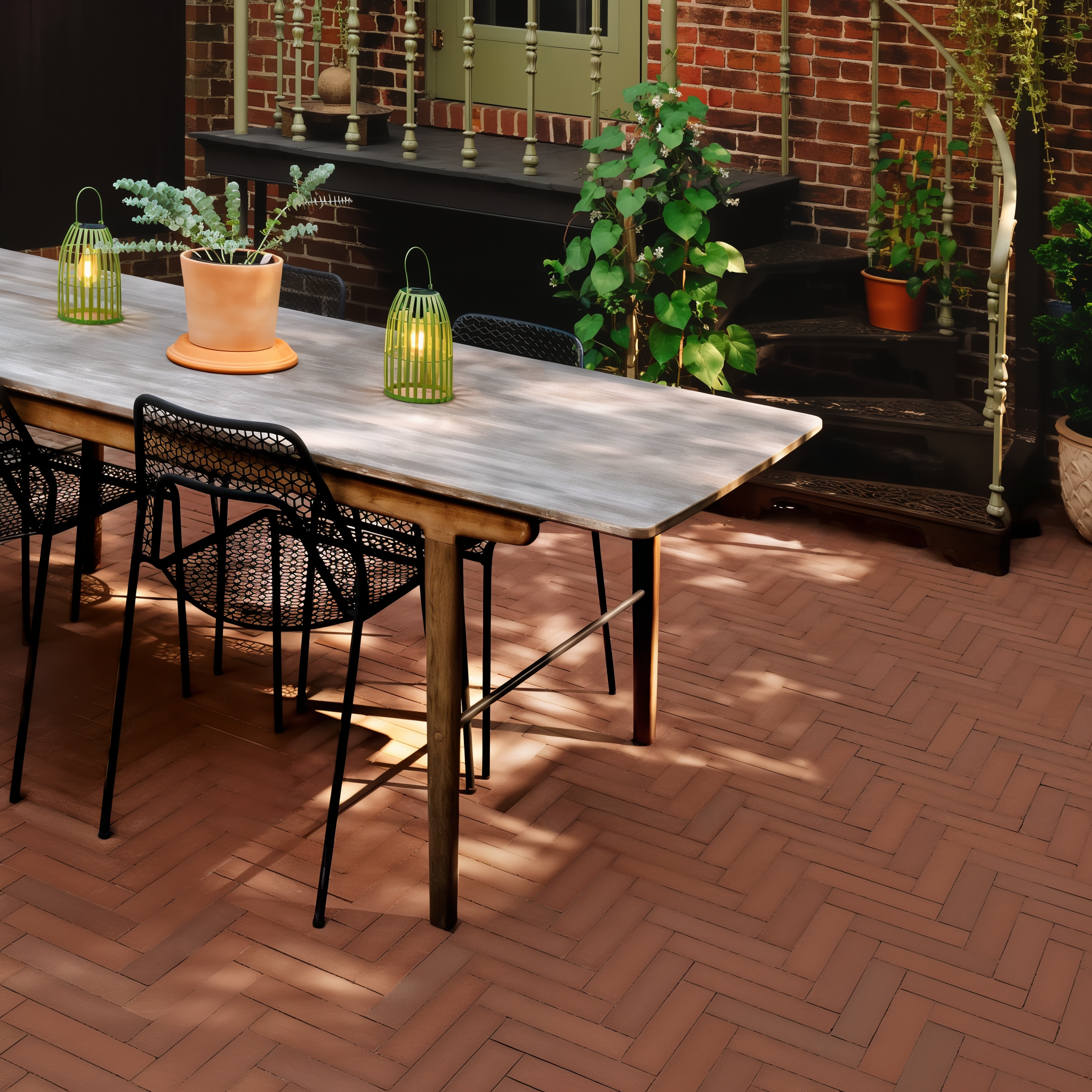 Westmount Merlot HD² Smooth paver patio with herringbone pattern; Chestnut Brown Single Size.