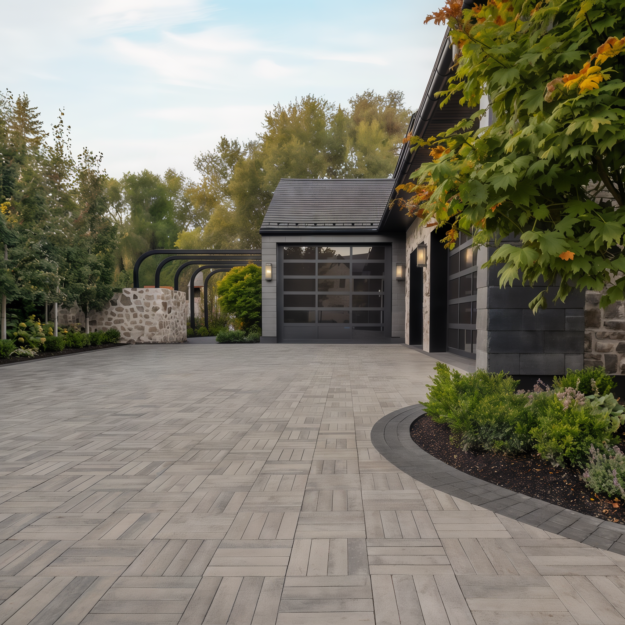 Westmount Shale Grey HD² Smooth paver herringbone driveway; Onyx Black Single Size.