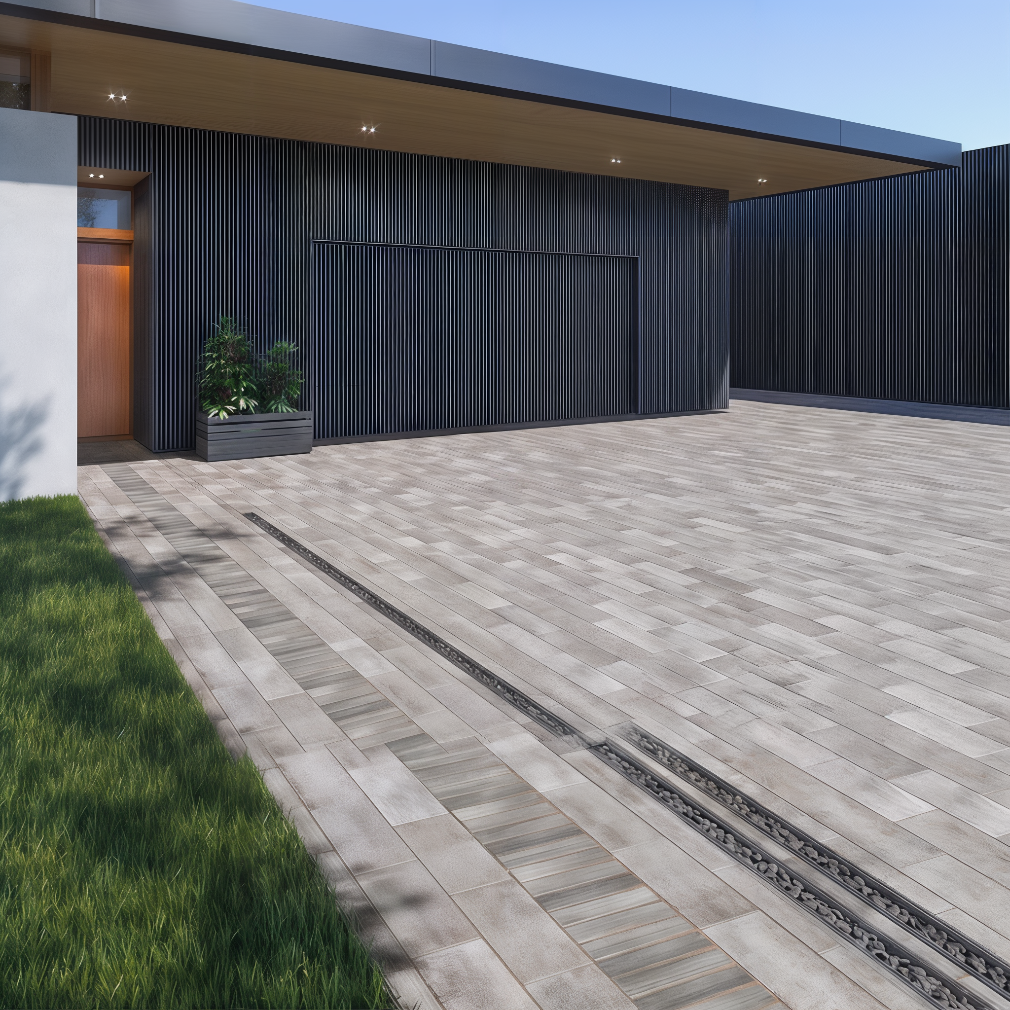 Westmount Shale Grey HD² smooth paver clean linear driveway; Onyx Black Single Size.