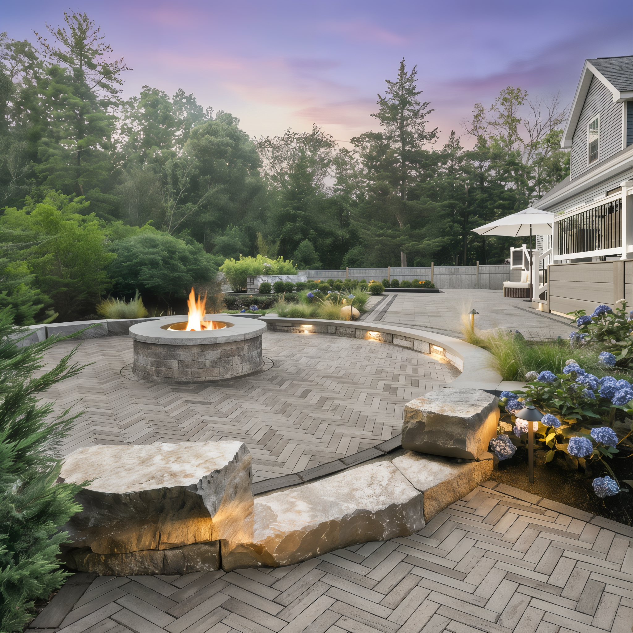 Westmount Shale Grey HD² Smooth paver herringbone patio; Onyx Black Single Size.