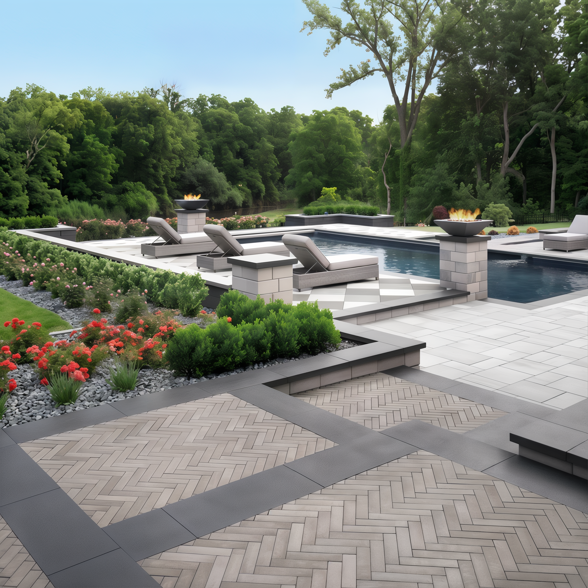 Westmount Shale Grey HD² Smooth paver herringbone poolside patio; Onyx Black Single Size.