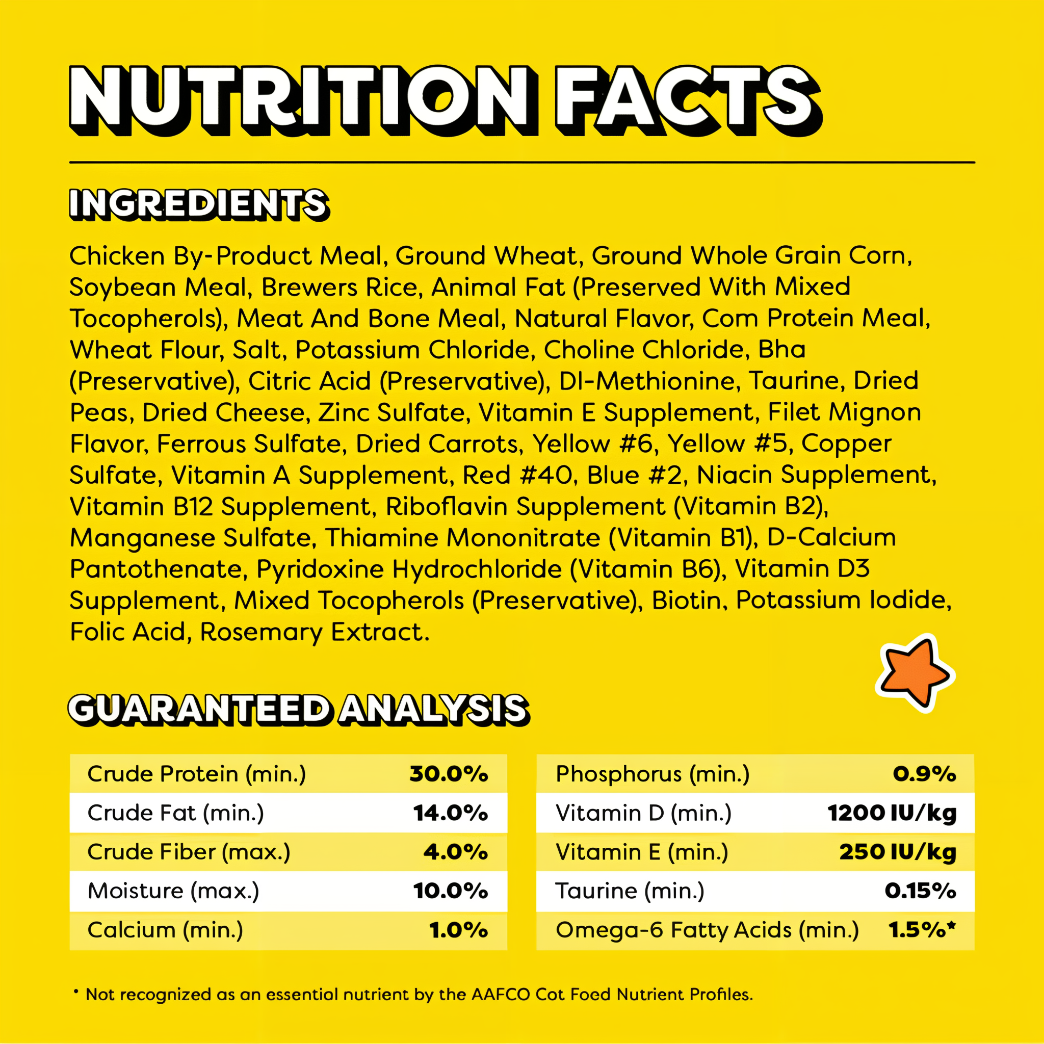 Nutrition facts with full ingredients list and guaranteed analysis