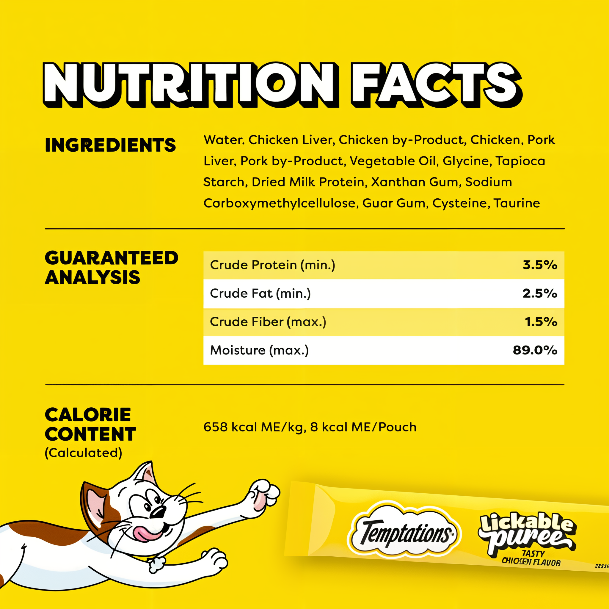 Temptations Lickable Puree Chicken Squeezable Cat Treats nutrition facts ingredients guaranteed analysis