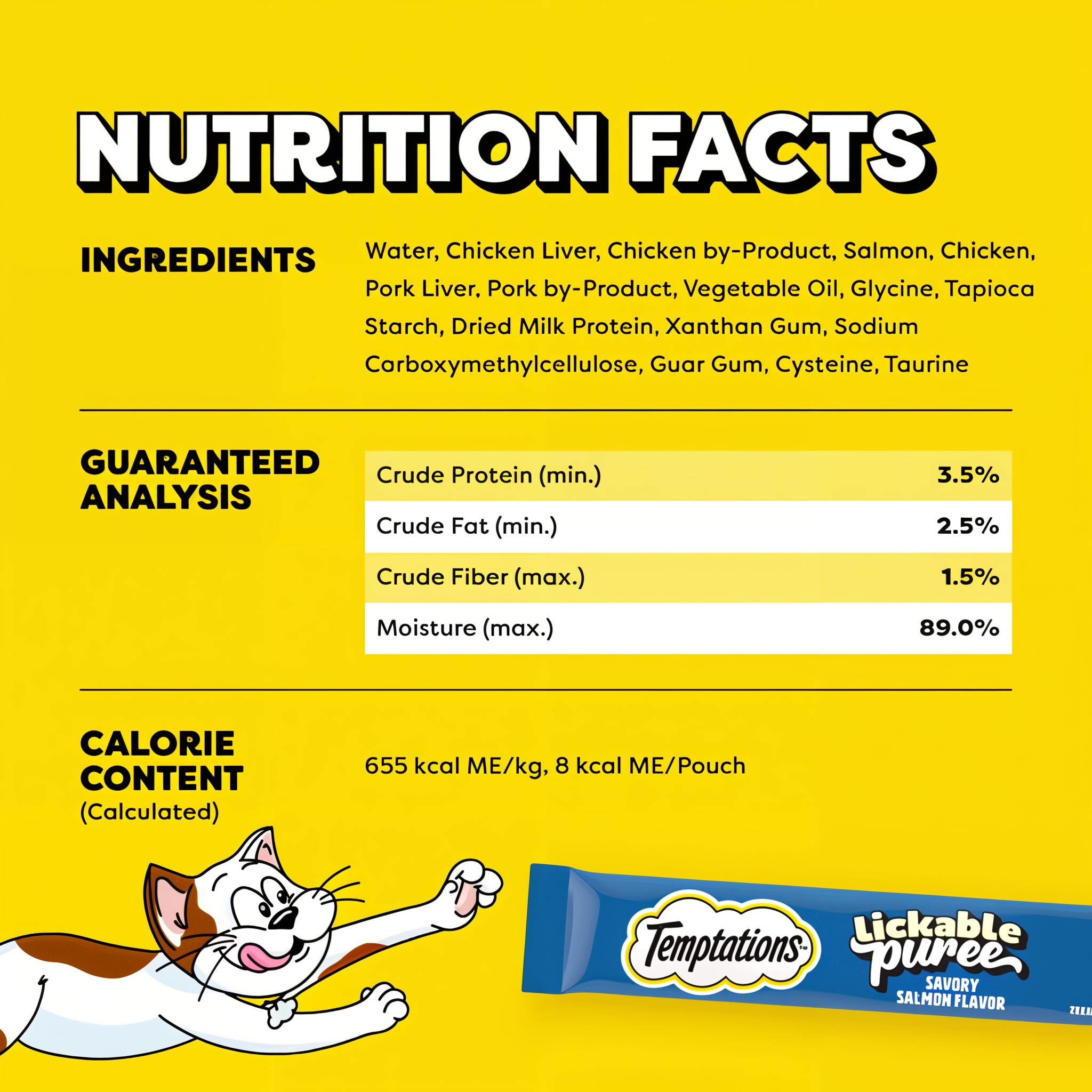 Temptations Lickable Puree Salmon Squeezable Cat Treats nutrition facts ingredients guaranteed analysis