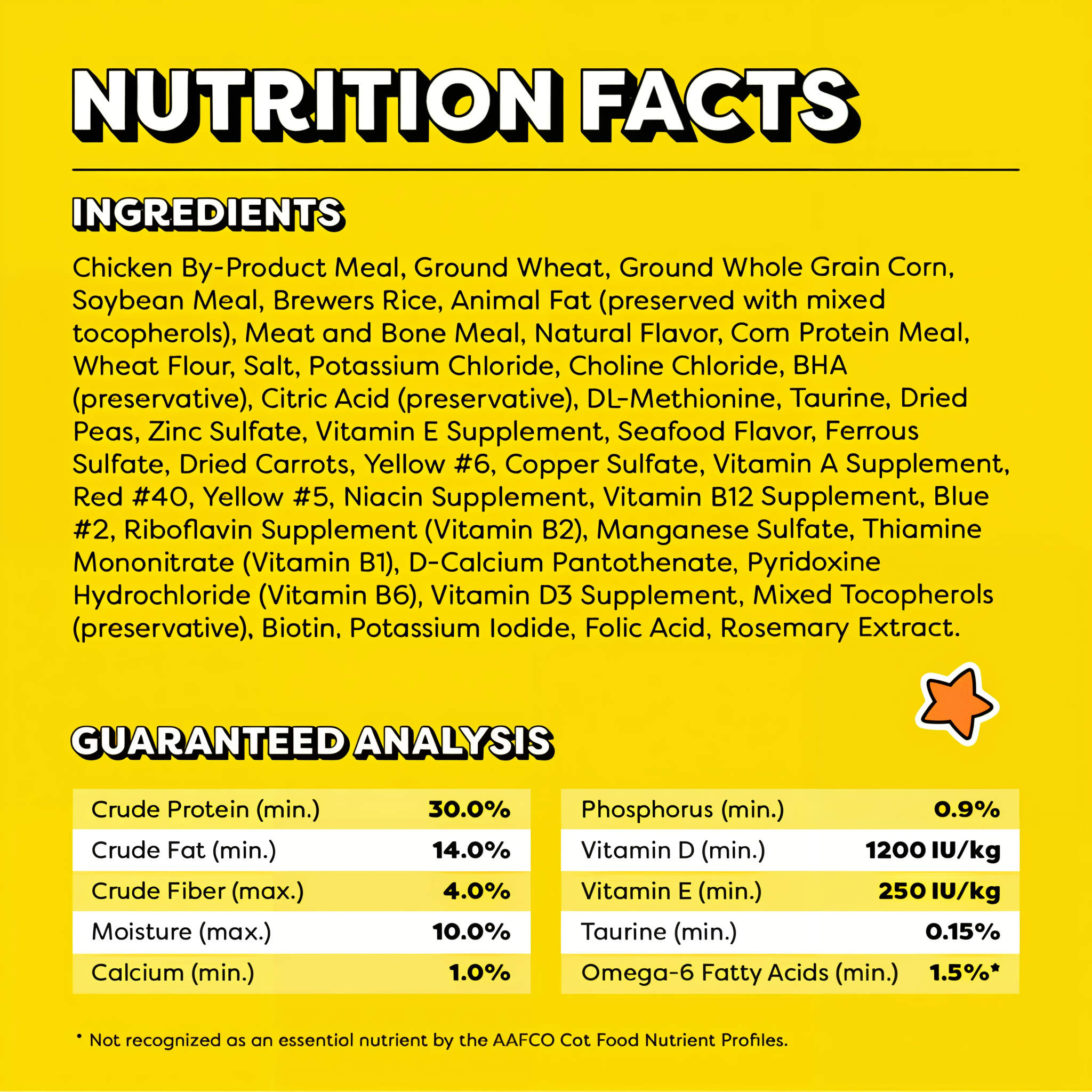 Nutrition facts with full ingredients list and guaranteed analysis