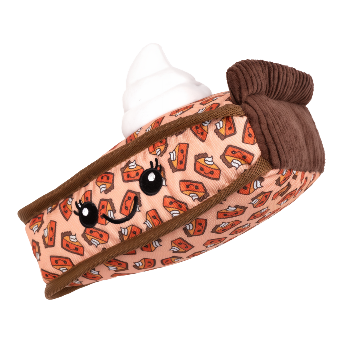 Pumpkin Pie Toy side view showing corduroy crust and embroidered face