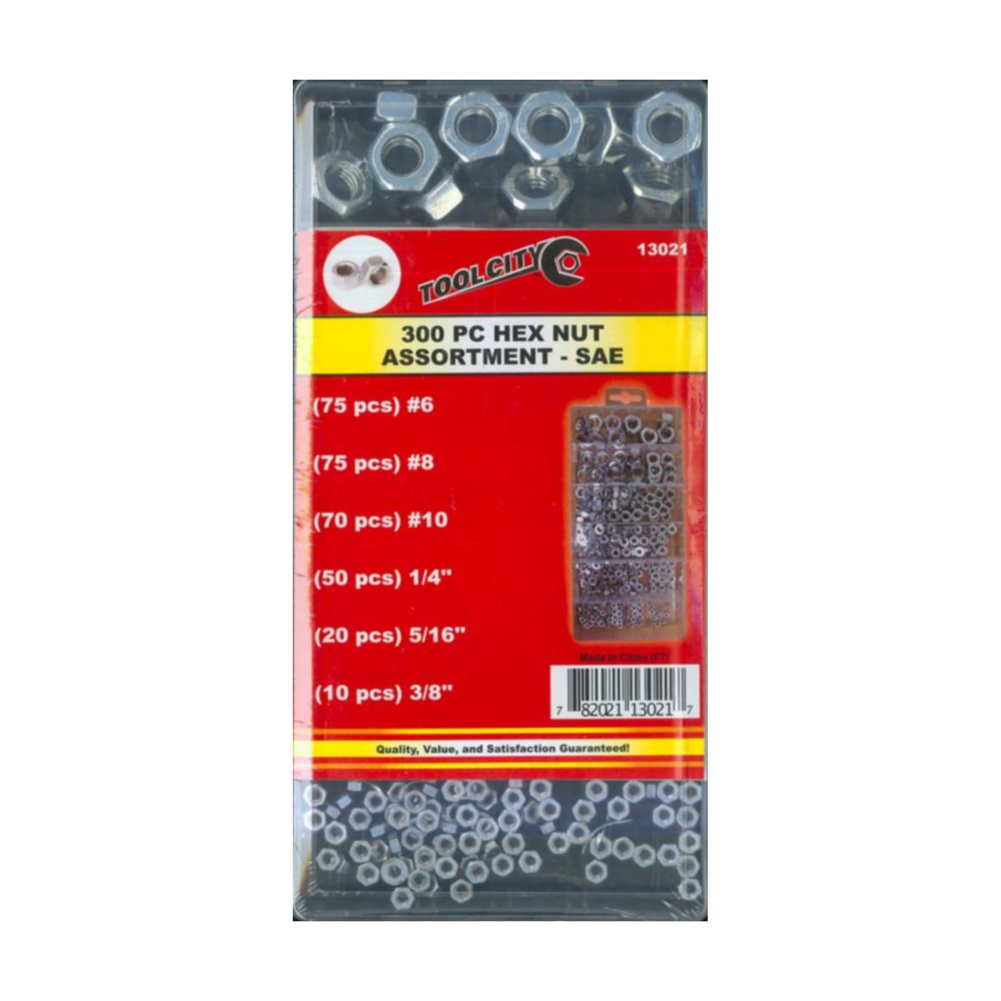 Tool City 300-piece SAE hex nut assortment in a sorted storage case with zinc-plated steel nuts