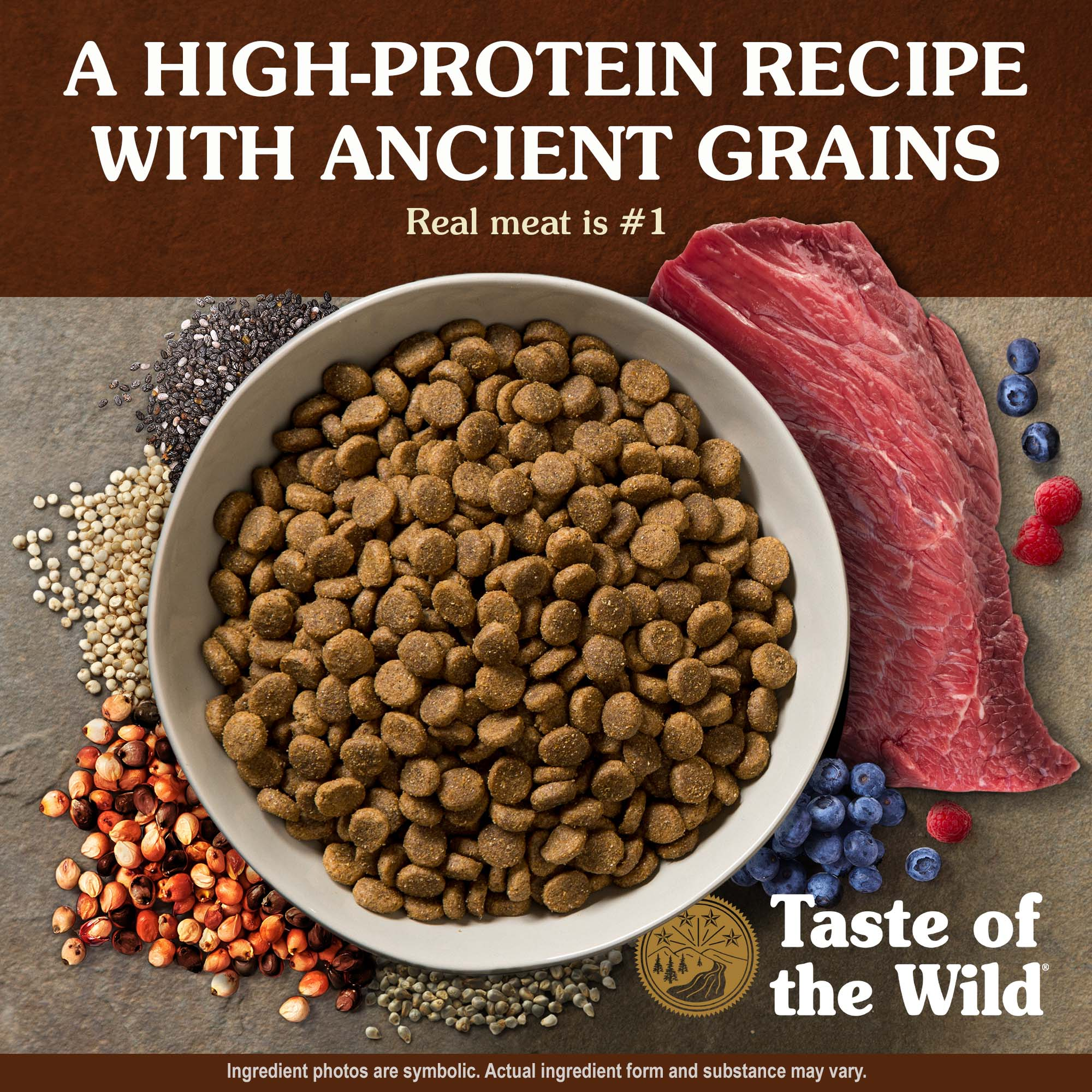 Bowl of high-protein ancient grains kibble with real meat as the number one ingredient beside red meat and blueberries