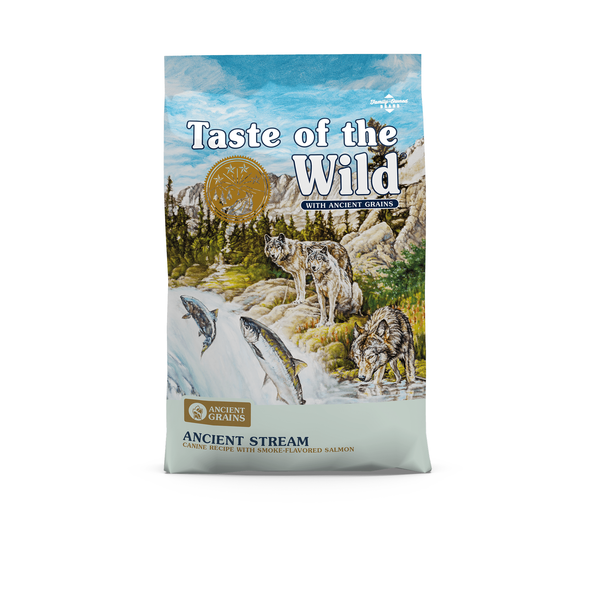 Front of the Taste of the Wild Ancient Stream with Ancient Grains bag with painted artwork of wolves and leaping salmon in a mountain stream