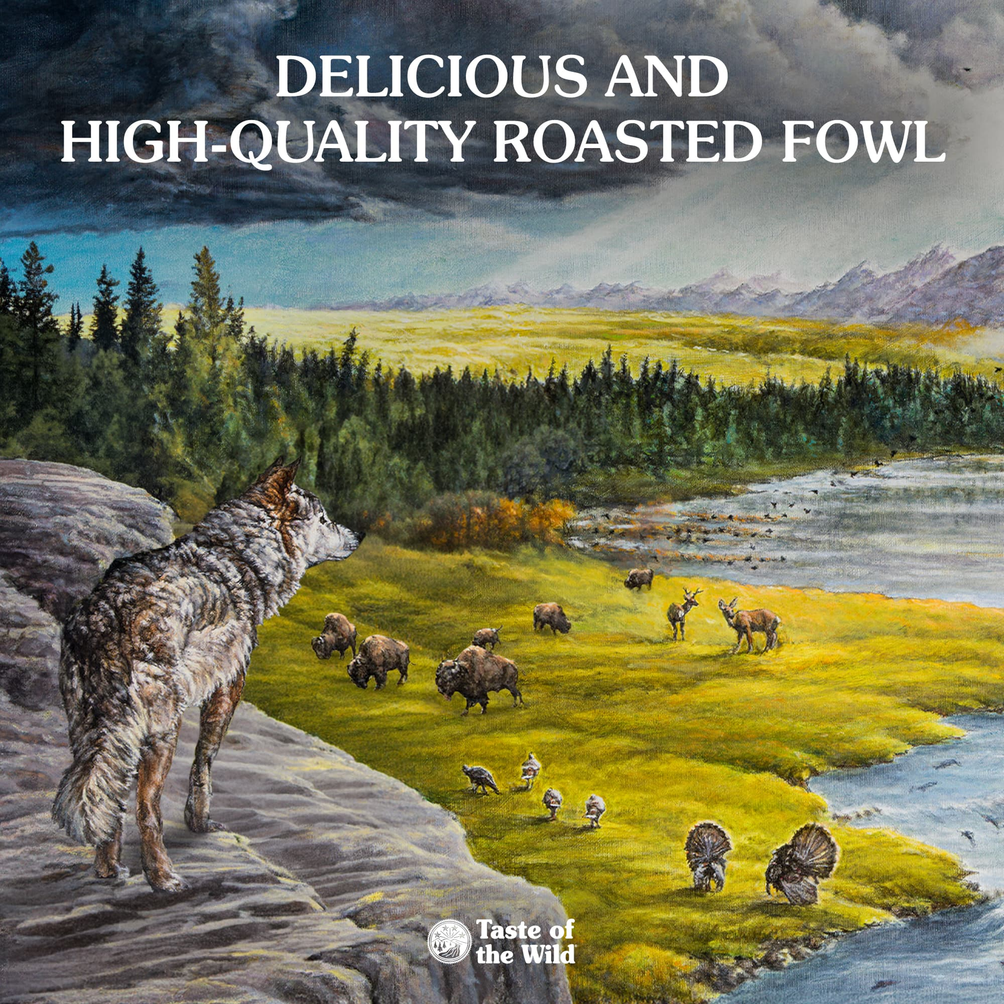 Painted wilderness artwork celebrating delicious, high-quality roasted fowl
