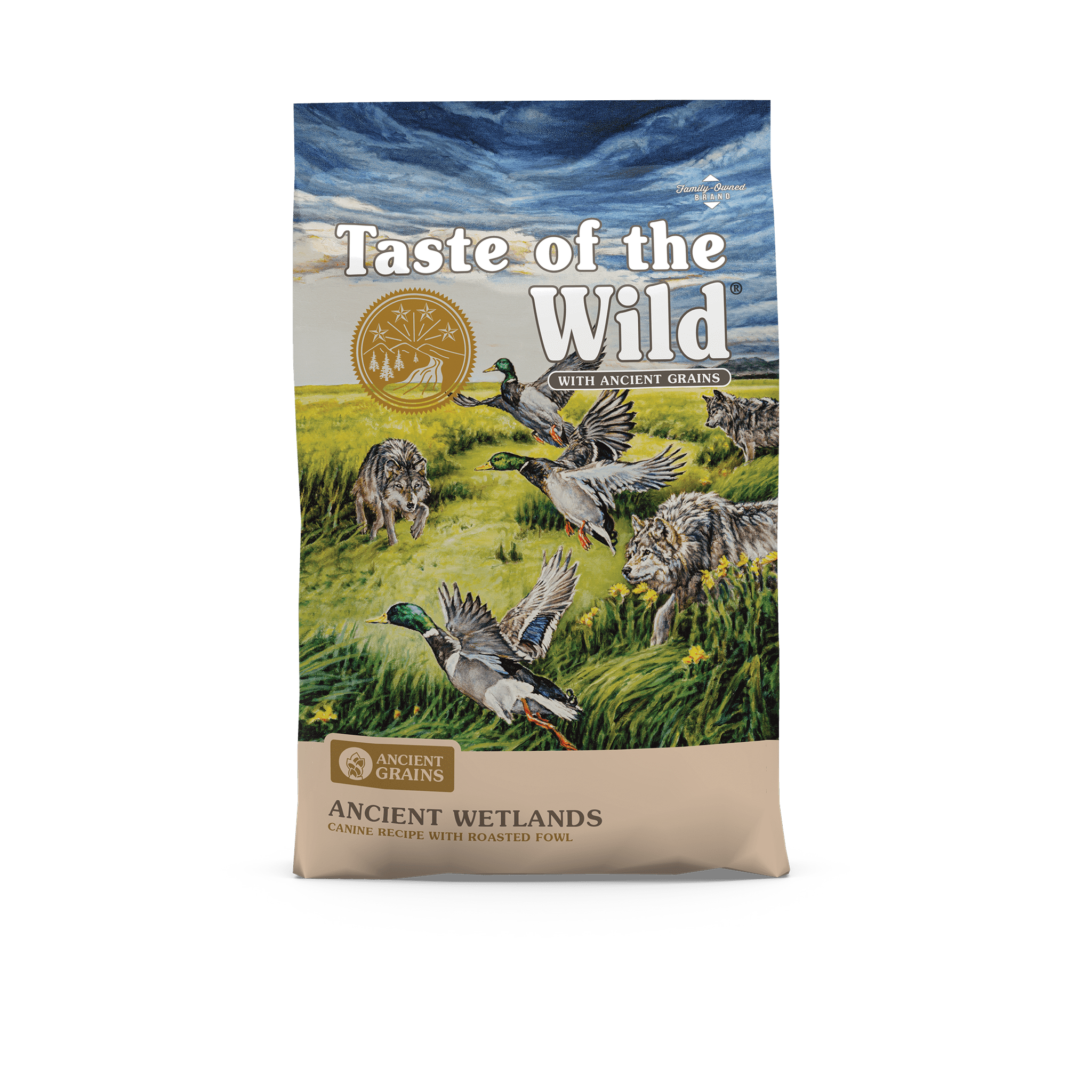 Front of the Taste of the Wild Ancient Wetlands with Ancient Grains bag with painted artwork of wolves and mallard ducks over a wetland stream
