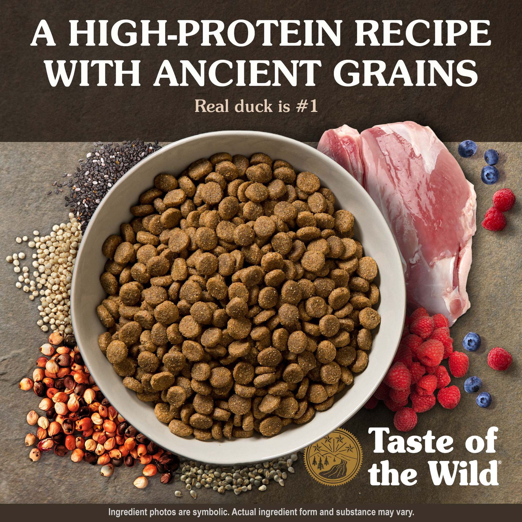Bowl of high-protein ancient grains kibble with real duck as the number one ingredient beside duck meat, berries and chia seed