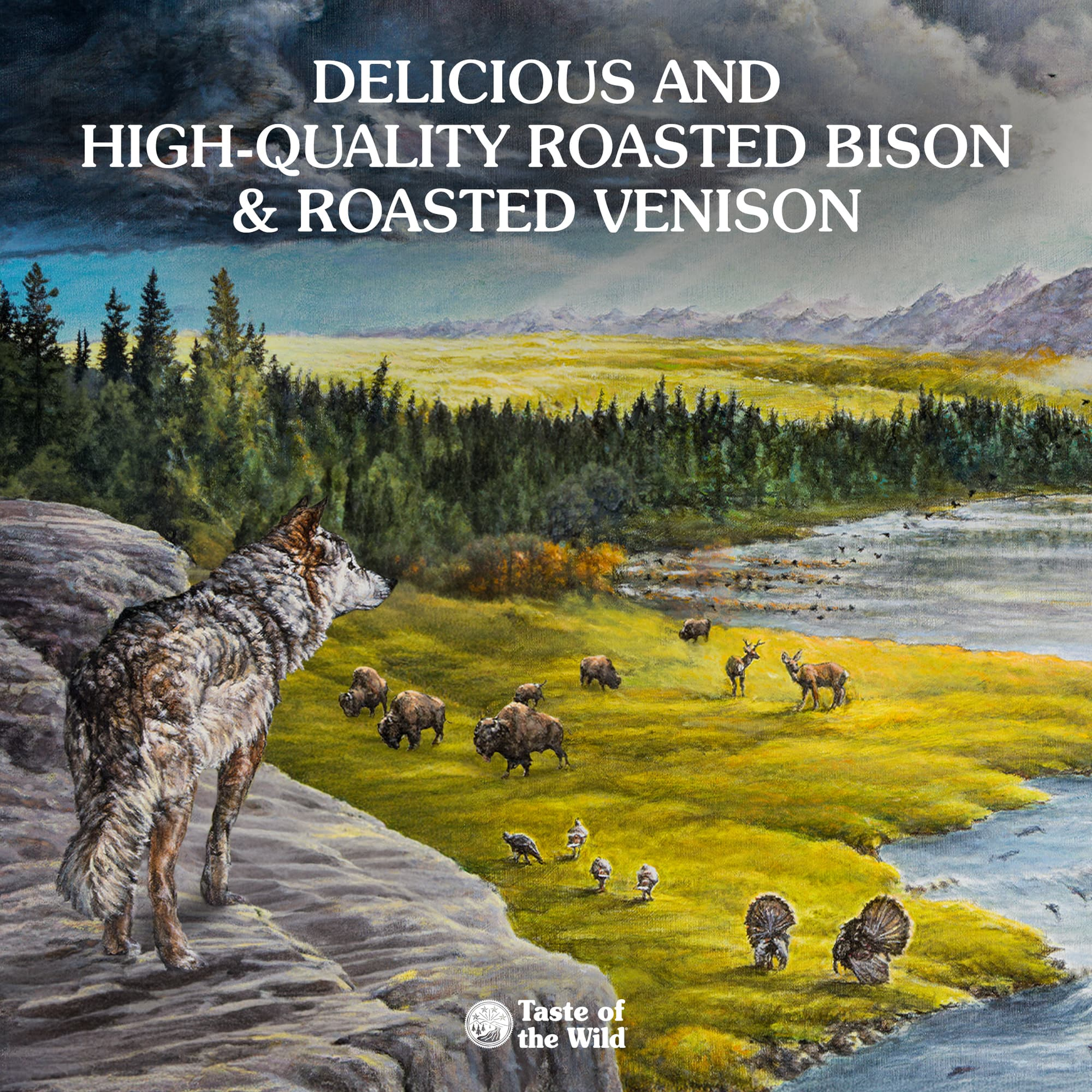 Painted wilderness artwork celebrating delicious, high-quality roasted bison and roasted venison
