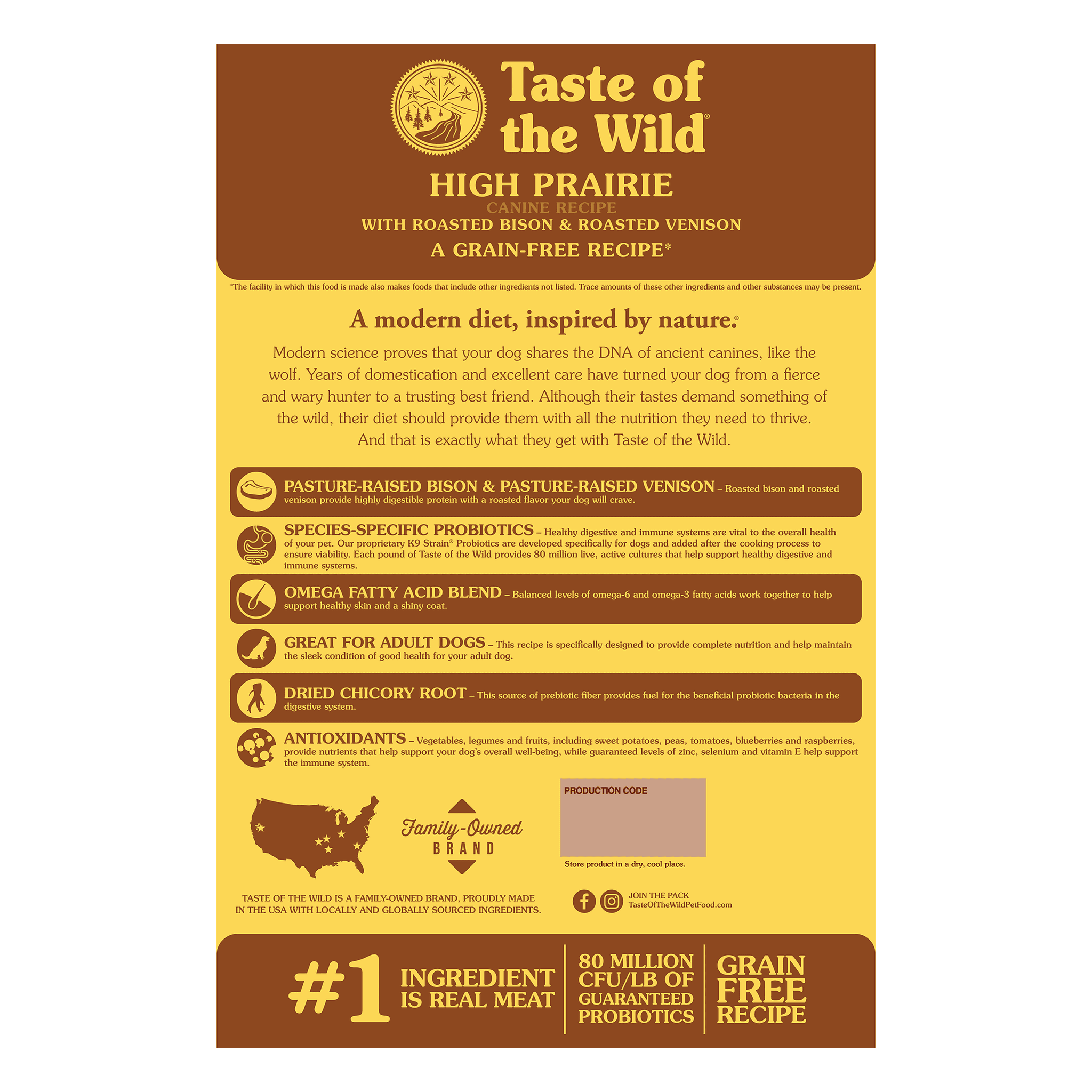 Back of the High Prairie bag describing pasture-raised bison and venison, species-specific probiotics, omega fatty acids, dried chicory root and antioxidants