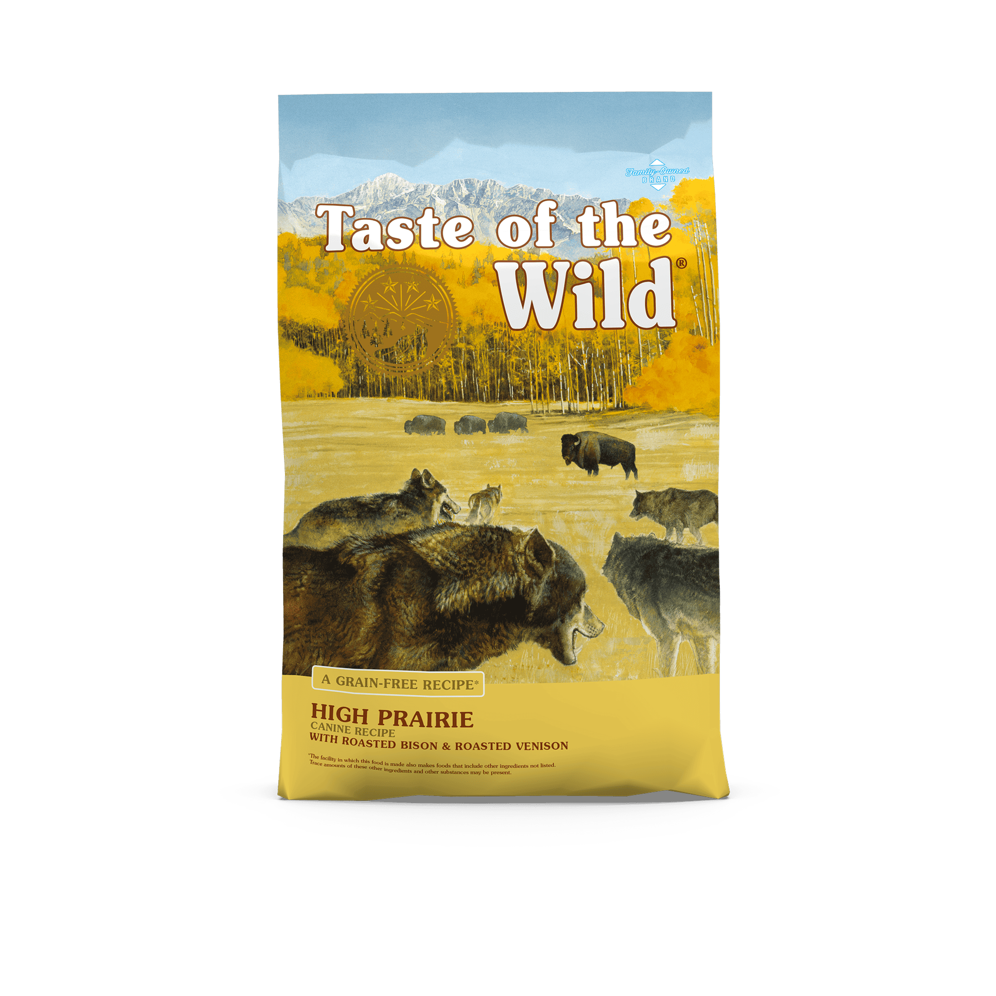 Front of the Taste of the Wild High Prairie grain-free bag with painted artwork of bison and wolves on the open prairie