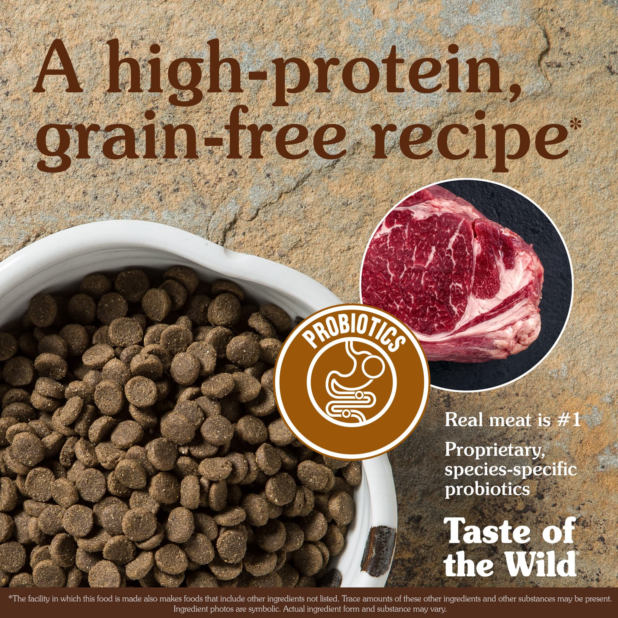 Bowl of high-protein grain-free kibble with real meat as the number one ingredient and proprietary species-specific probiotics