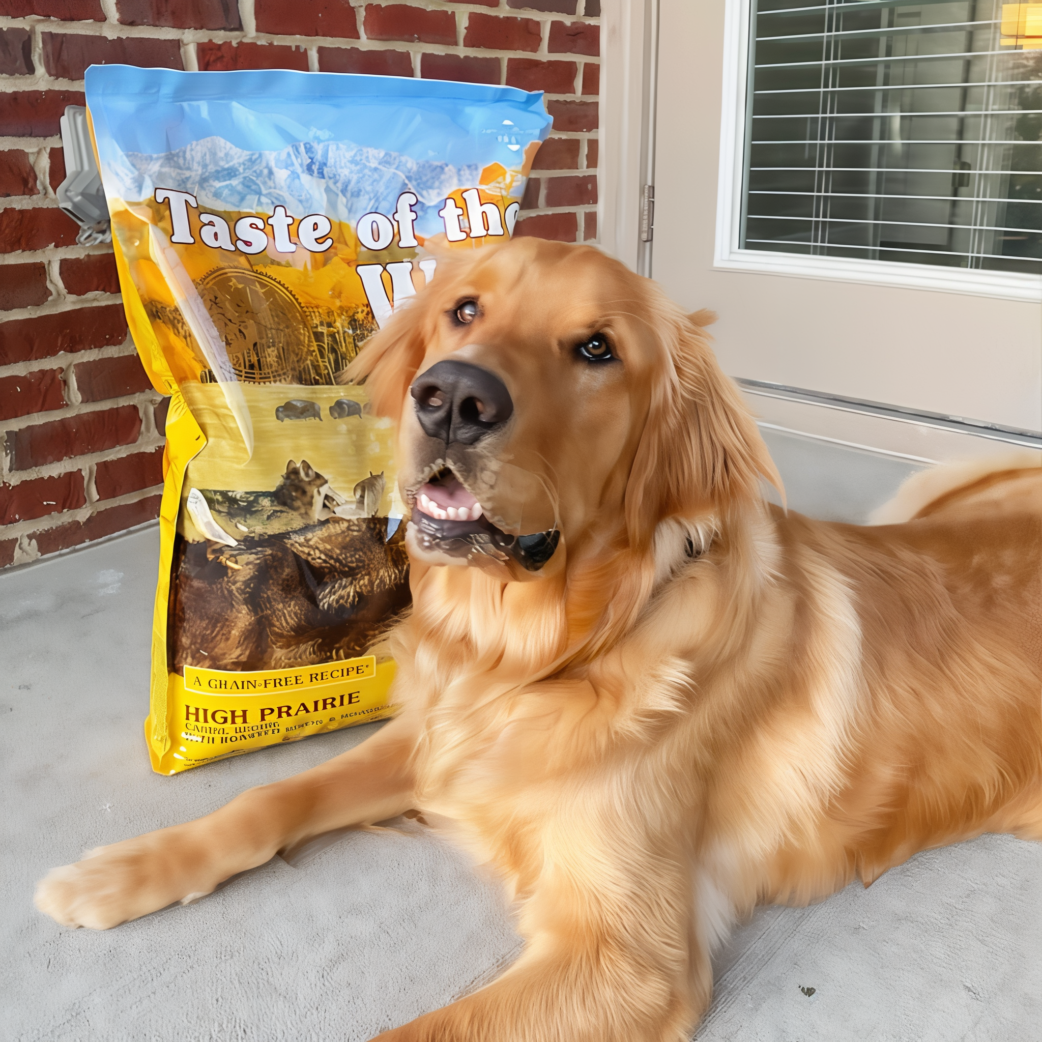 Golden retriever lying beside a bag of Taste of the Wild High Prairie on a front porch