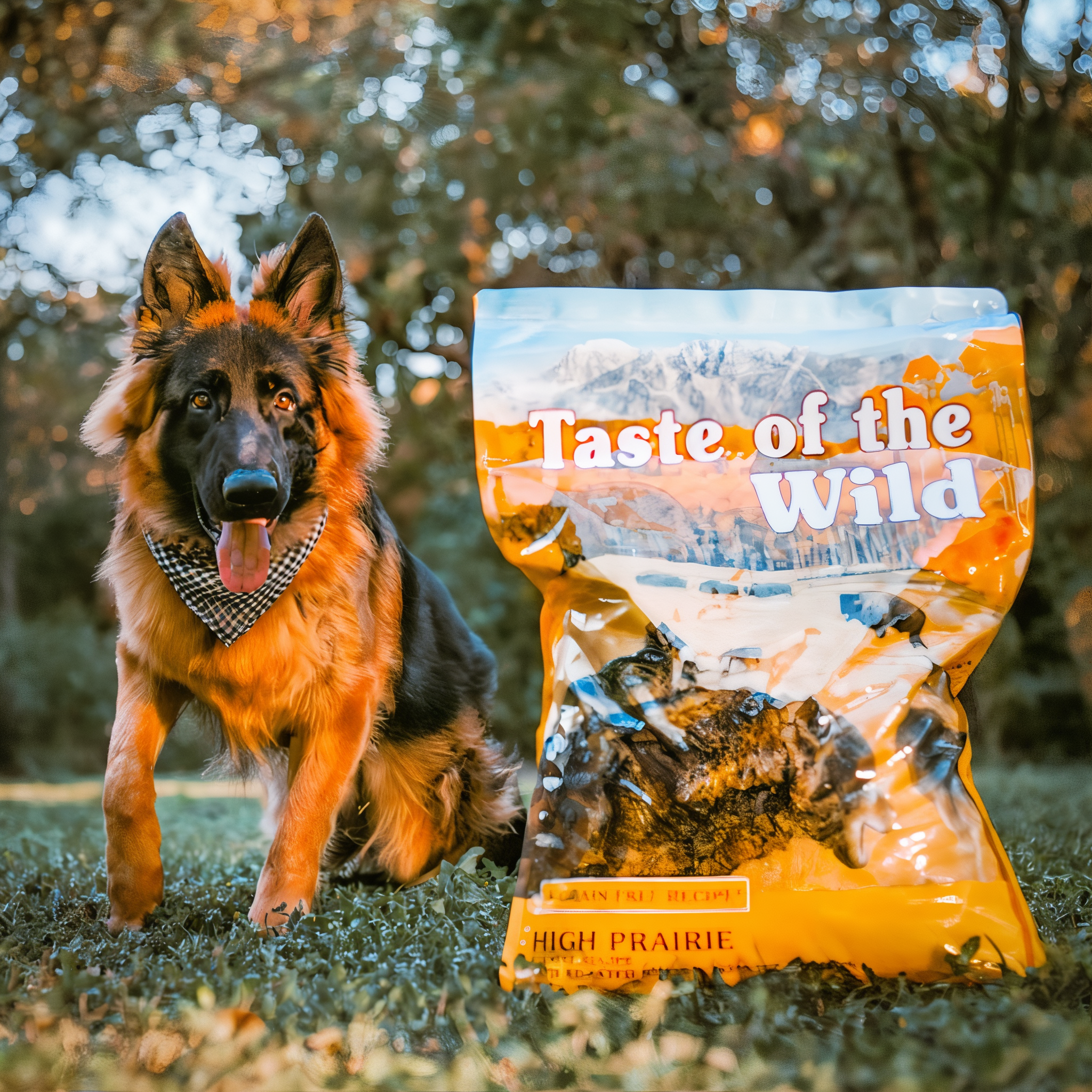 German shepherd sitting in the grass next to a bag of Taste of the Wild High Prairie