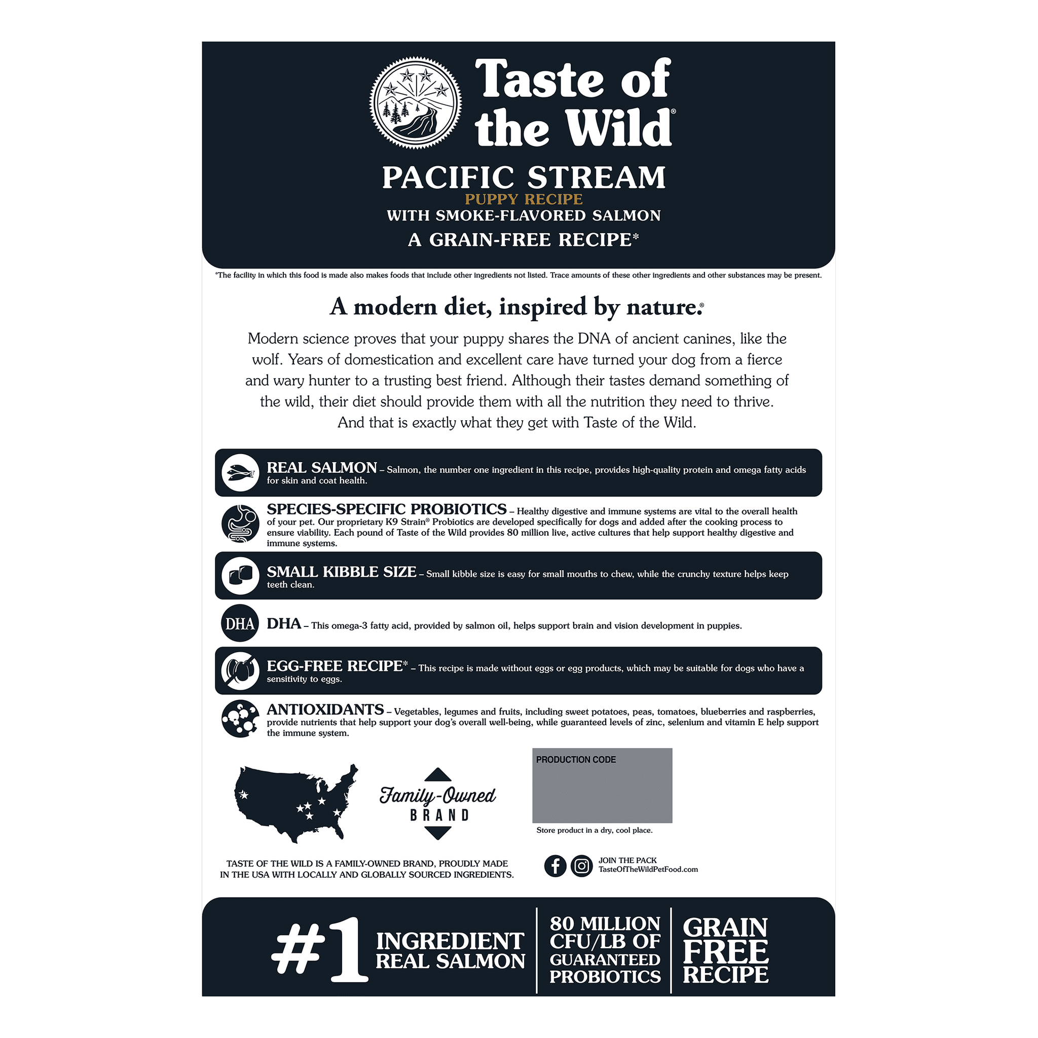 Back of the Pacific Stream Puppy bag describing real salmon, species-specific probiotics, small kibble size, DHA, egg-free recipe and antioxidants