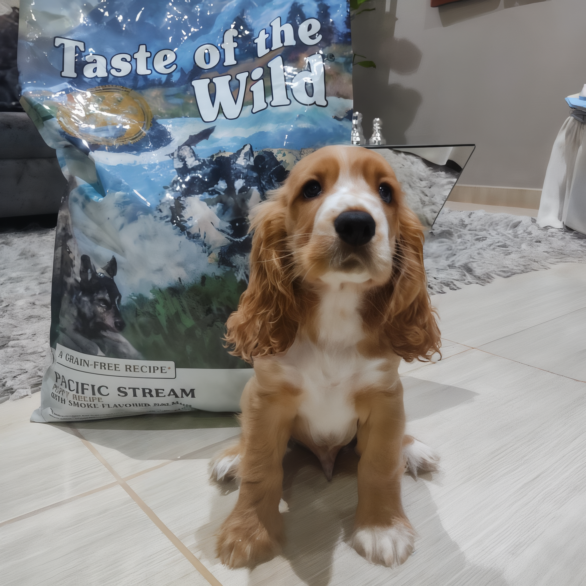 Cocker spaniel puppy sitting beside a bag of Taste of the Wild Pacific Stream Puppy