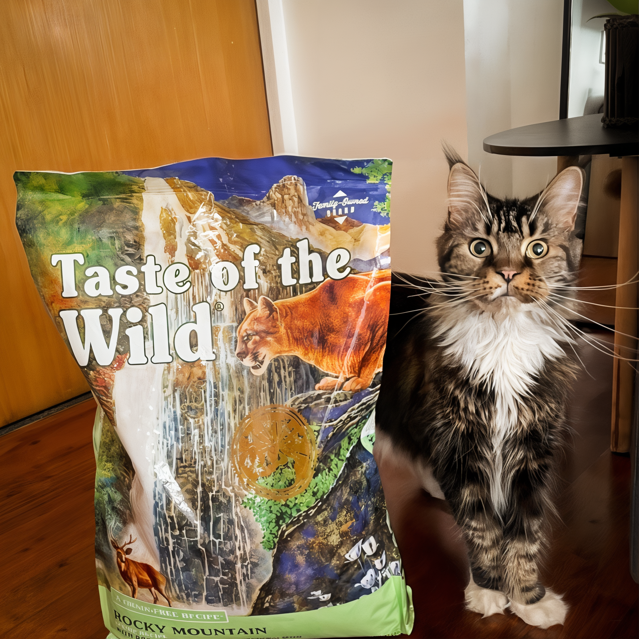Cat standing beside a bag of Taste of the Wild Rocky Mountain Feline Recipe