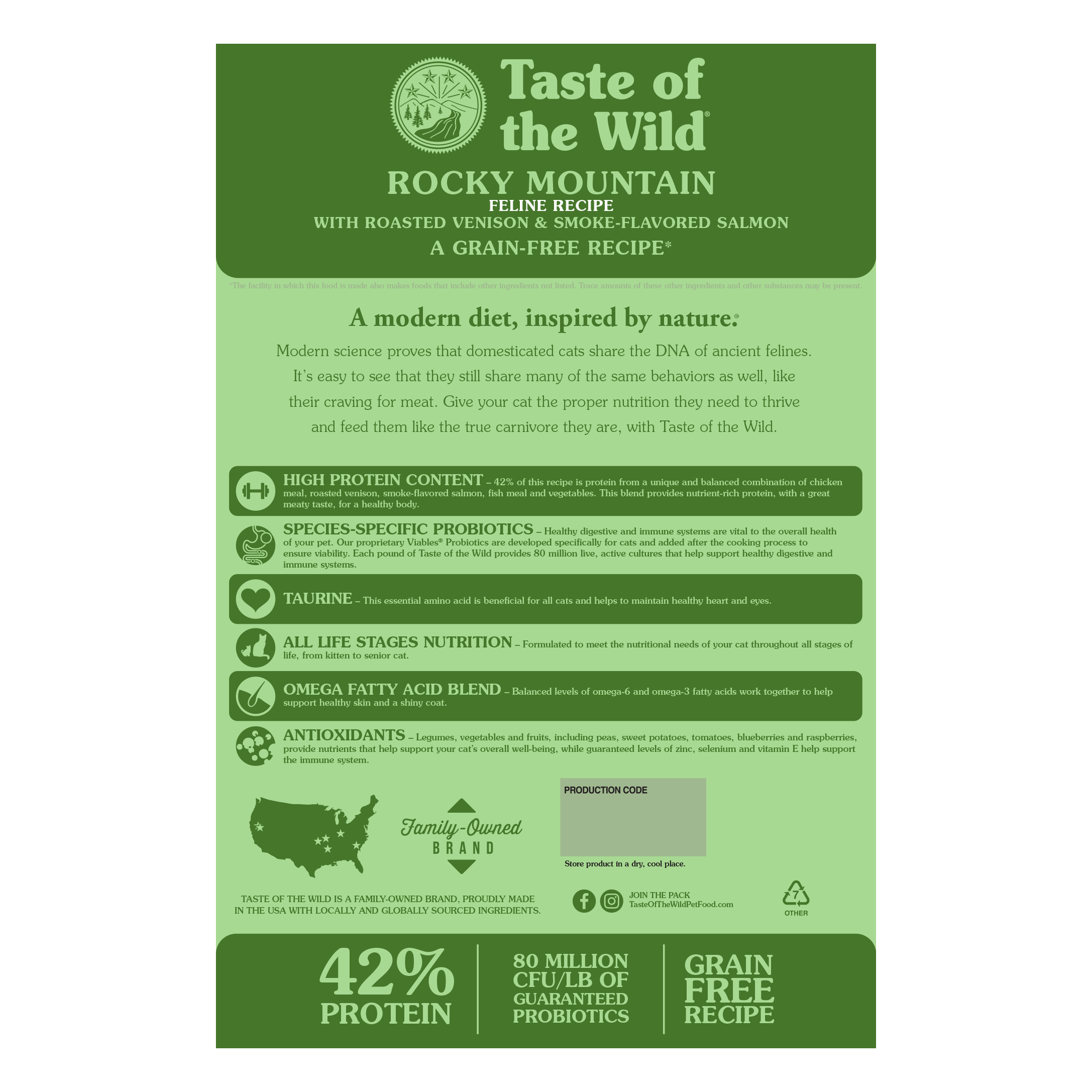 Back of the Rocky Mountain Feline Recipe bag describing high protein content, species-specific probiotics, taurine, all life stages nutrition, omega blend, and antioxidants
