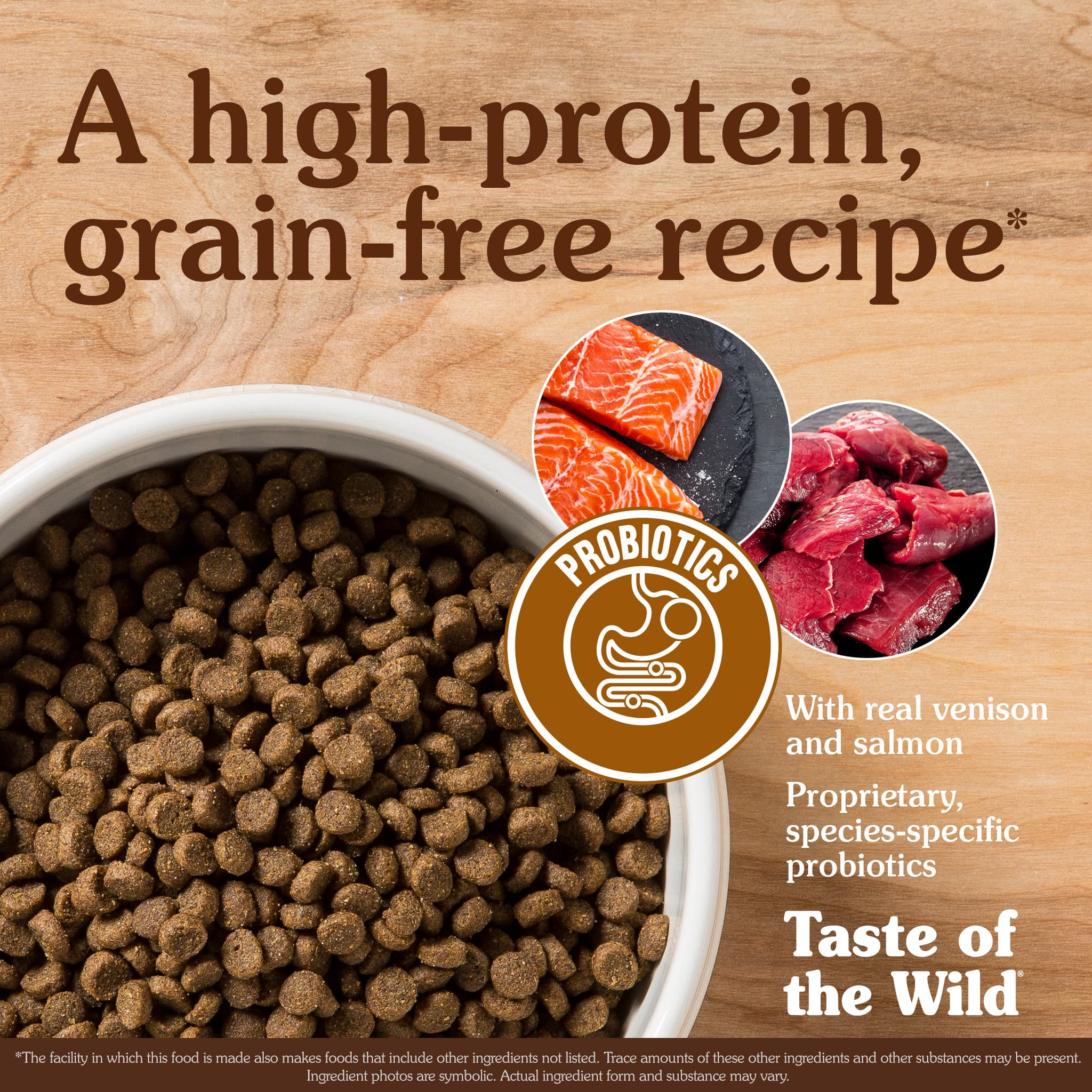 Bowl of high-protein grain-free kibble with real venison and salmon and proprietary species-specific probiotics