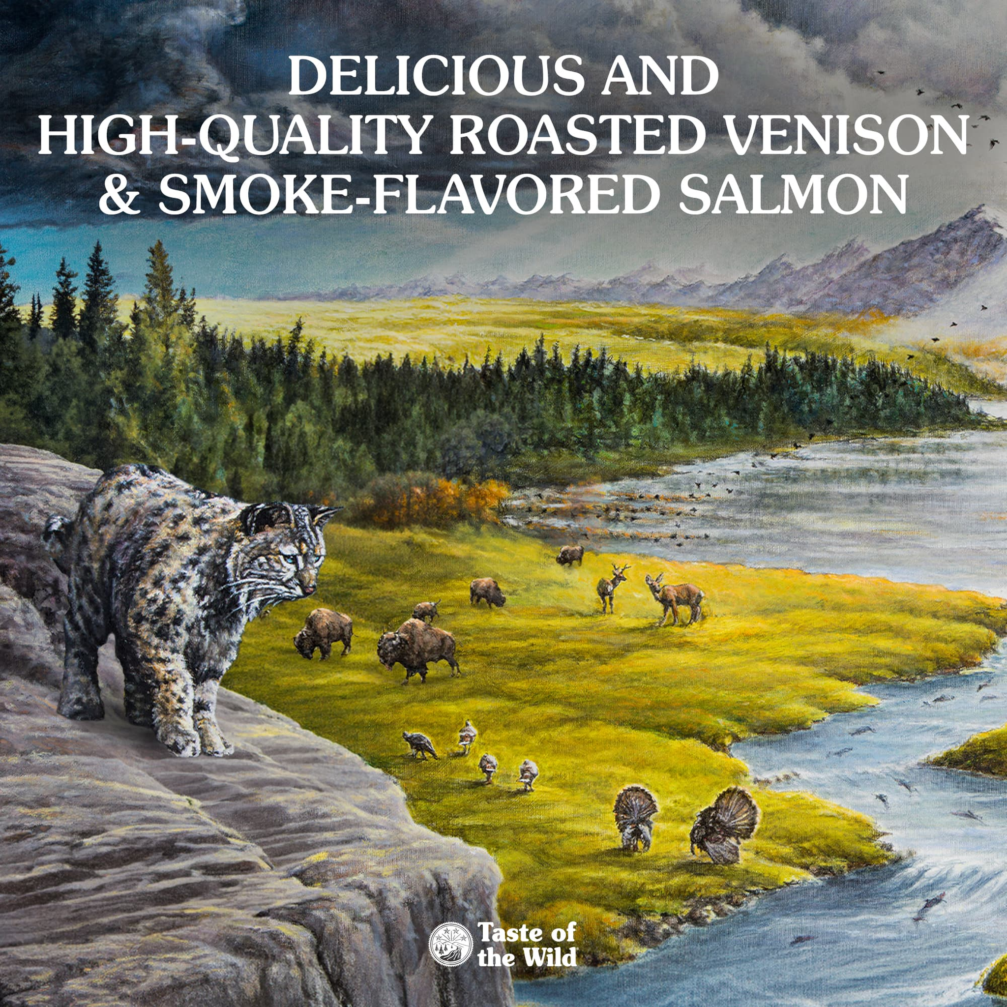 Painted wilderness artwork celebrating delicious, high-quality roasted venison and smoke-flavored salmon