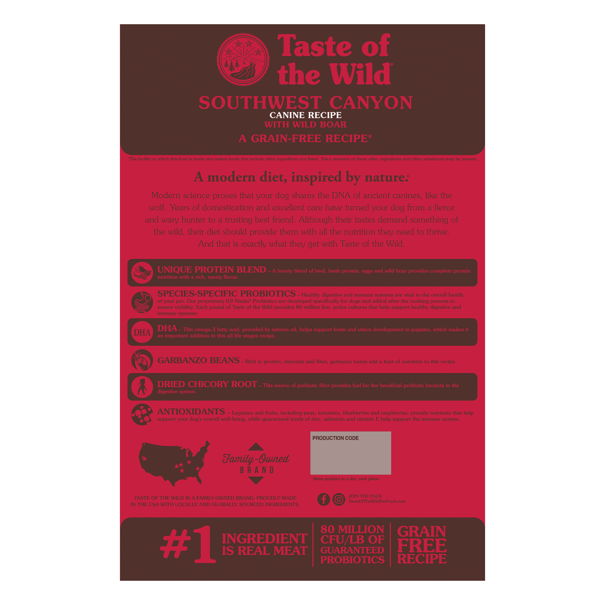 Back of the Southwest Canyon bag describing the unique protein blend, species-specific probiotics, DHA, garbanzo beans, dried chicory root and antioxidants