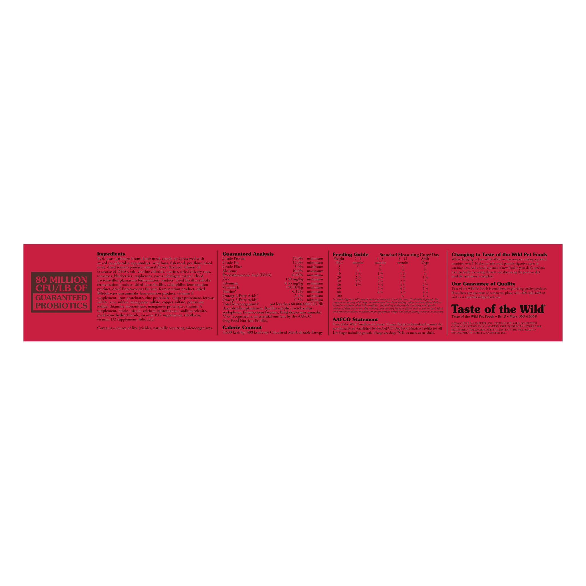 Side panel of the bag with ingredients, guaranteed analysis, feeding guide, calorie content and AAFCO statement