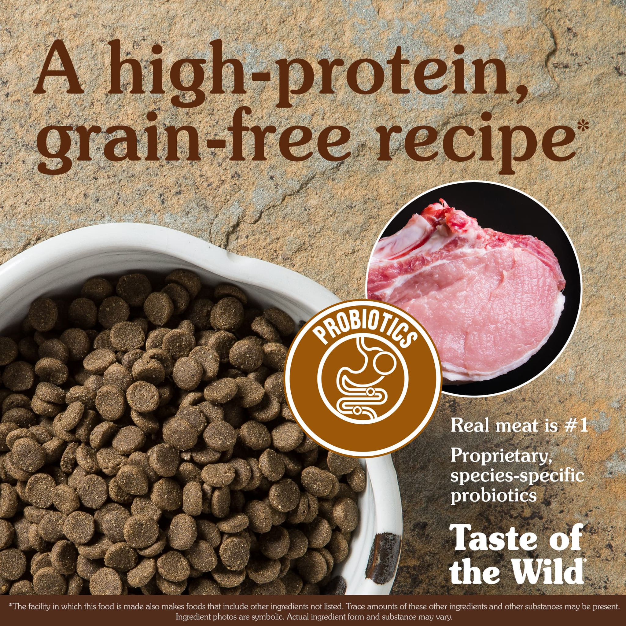 Bowl of high-protein grain-free kibble with real meat as the number one ingredient and proprietary species-specific probiotics