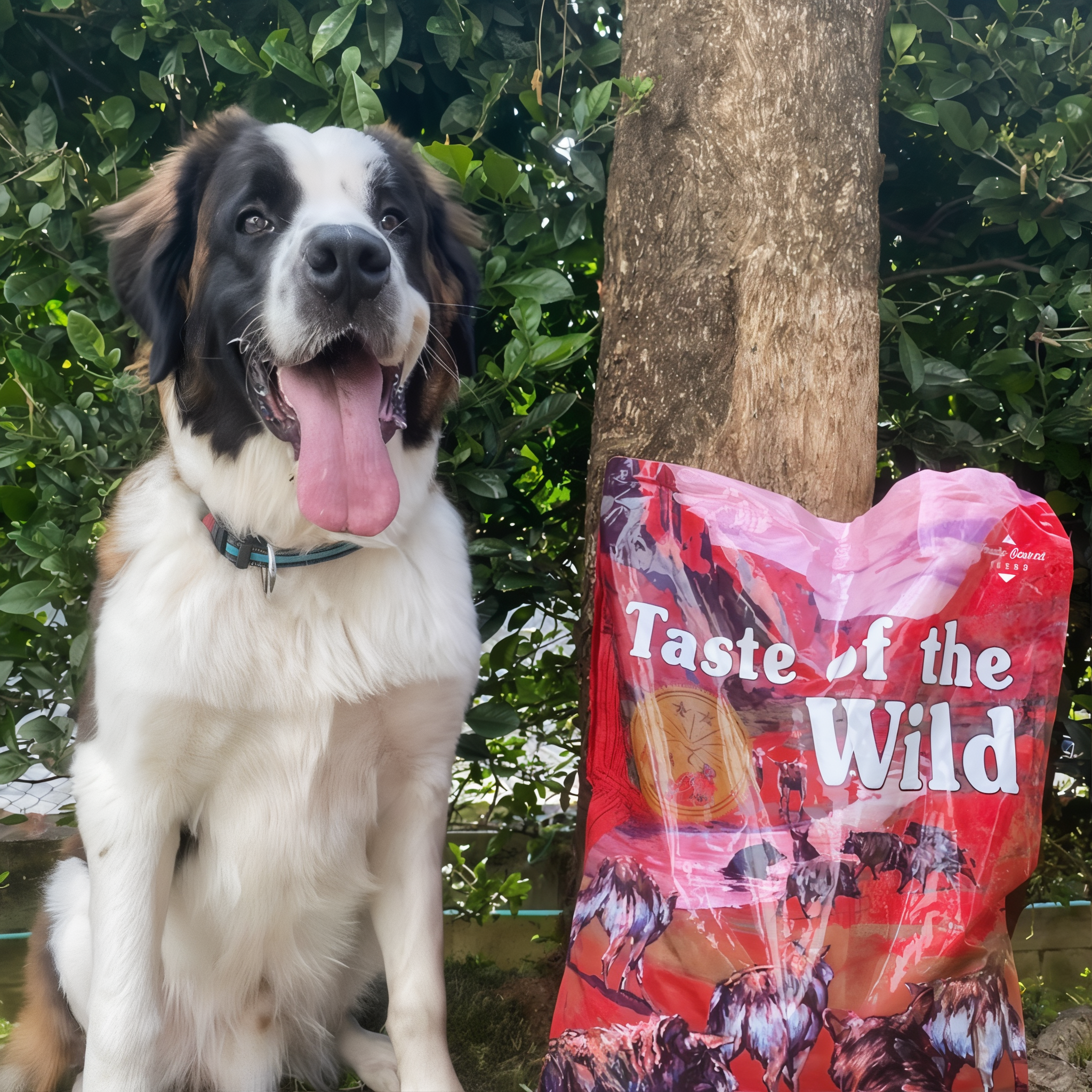 Large white and brown dog sitting under a tree next to a bag of Taste of the Wild Southwest Canyon