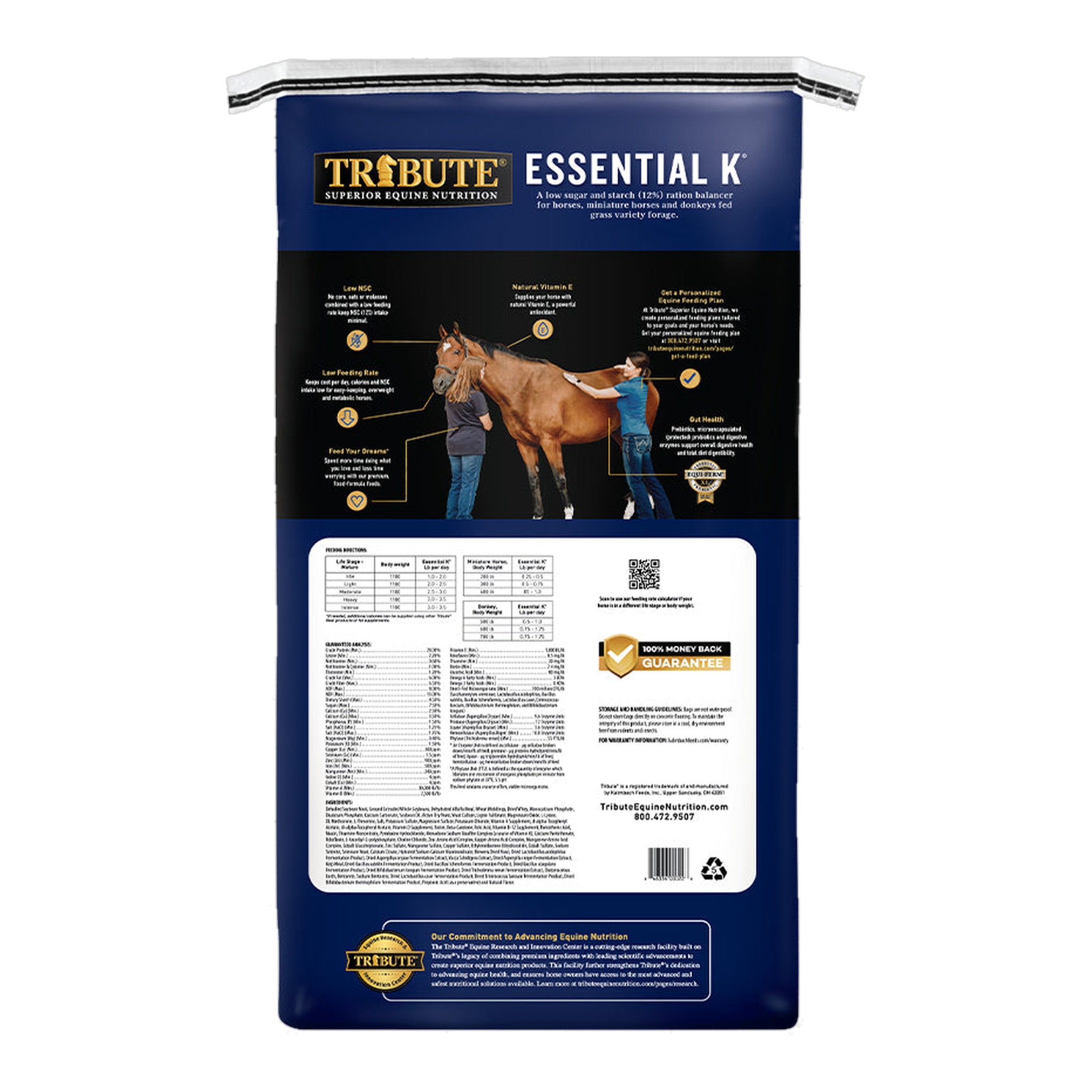 Tribute Essential K Horse Feed 50 lb bag back with feeding directions and guaranteed analysis #50 lb