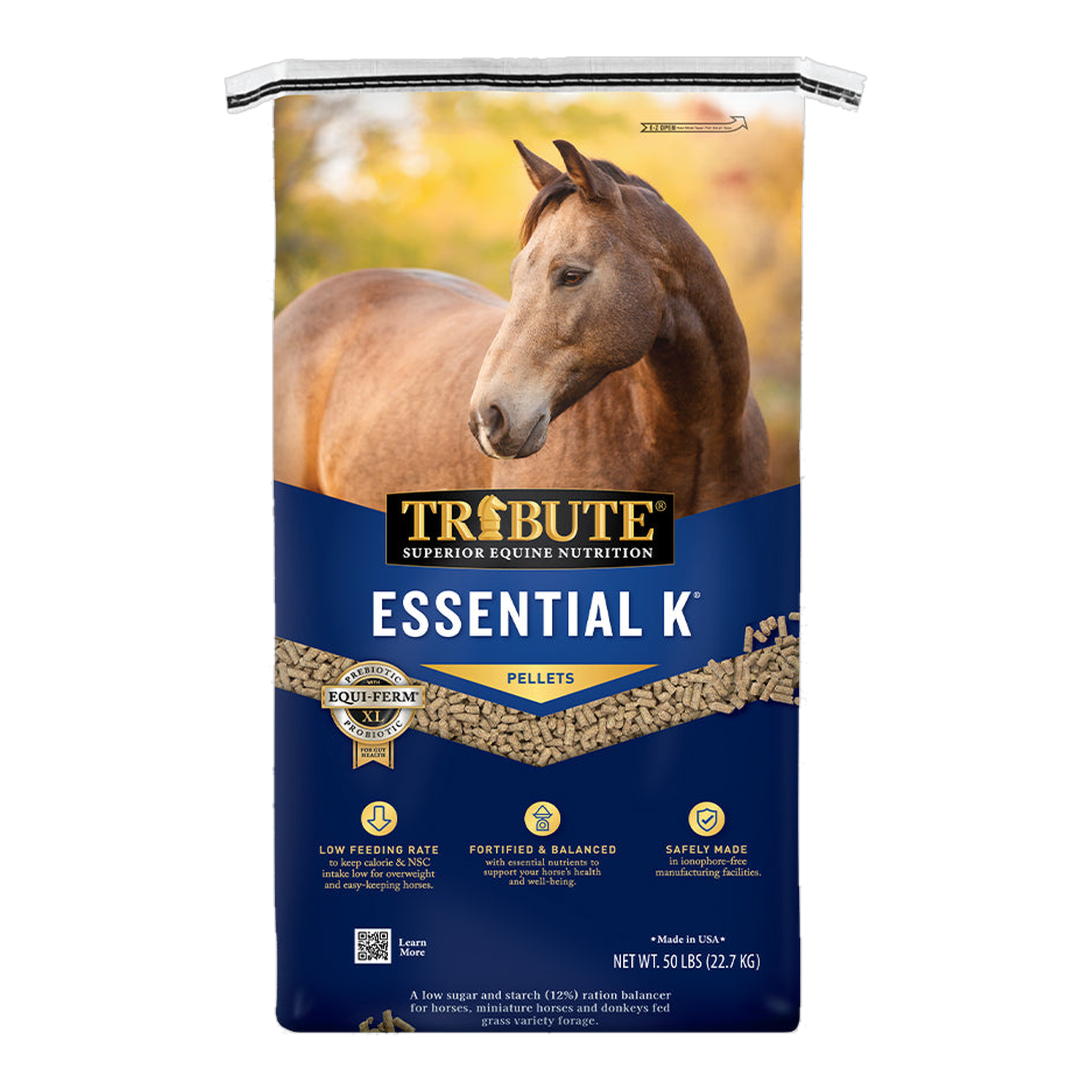 Tribute Essential K Horse Feed pelleted low NSC ration balancer, 50 lb bag front #50 lb