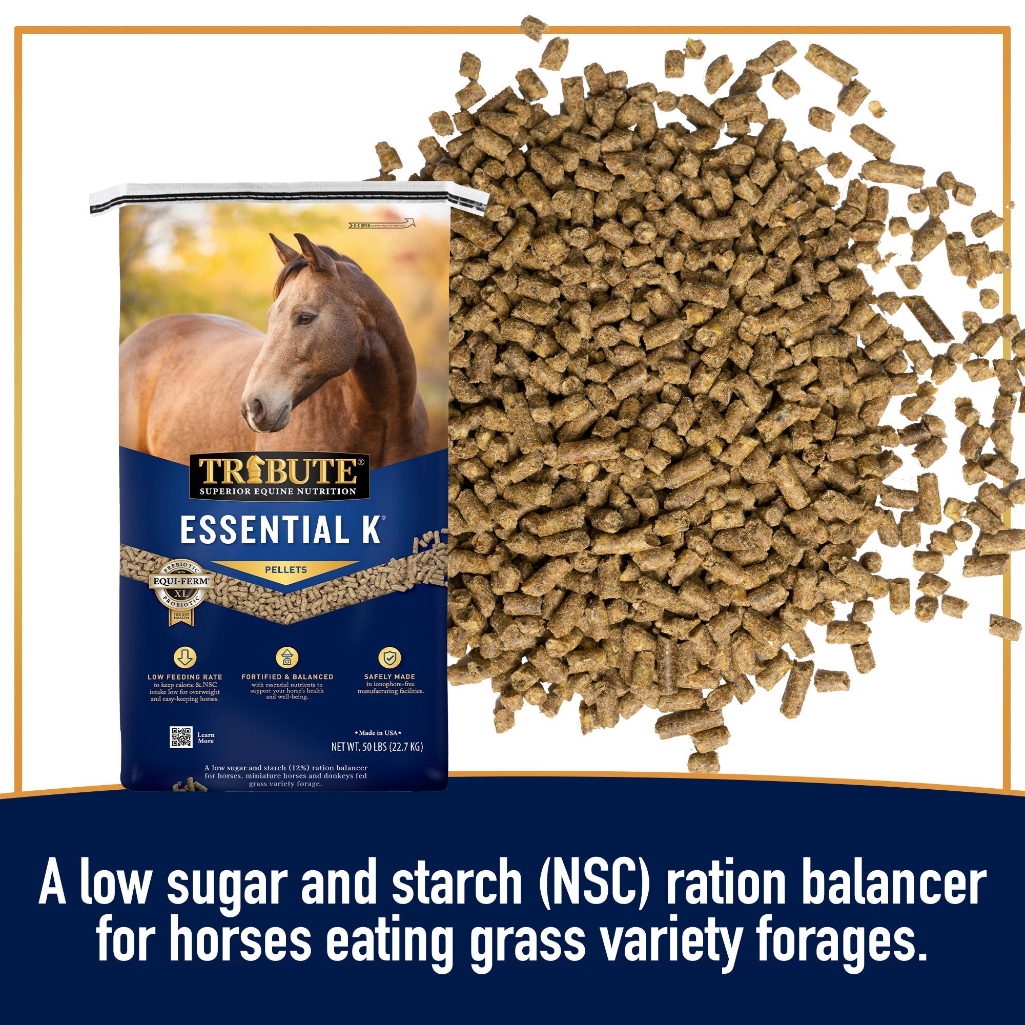 Tribute Essential K pellets beside the bag, a low sugar and starch ration balancer for horses eating grass forages