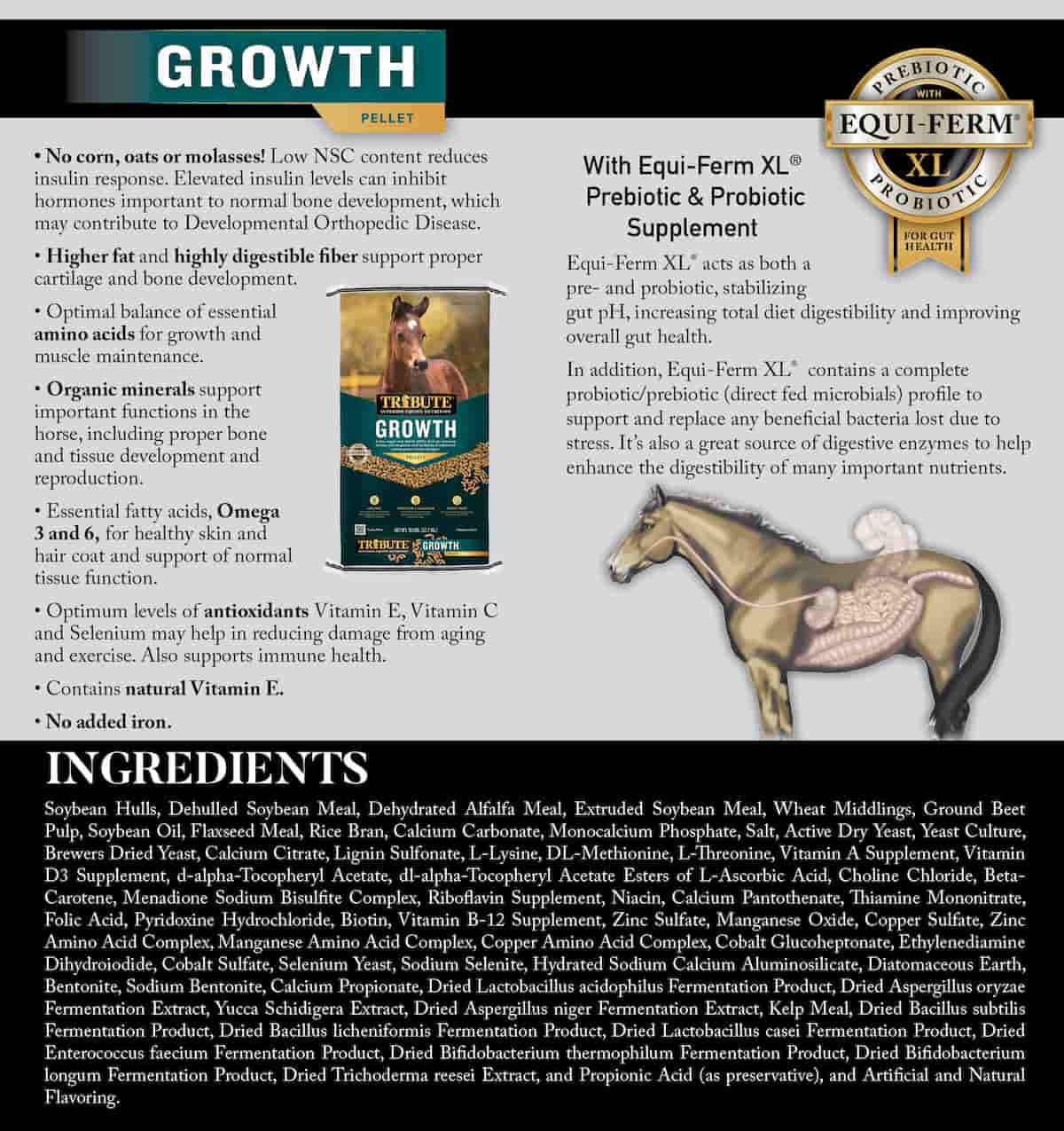 Tribute Growth Pellet ingredients and Equi-Ferm XL prebiotic and probiotic details