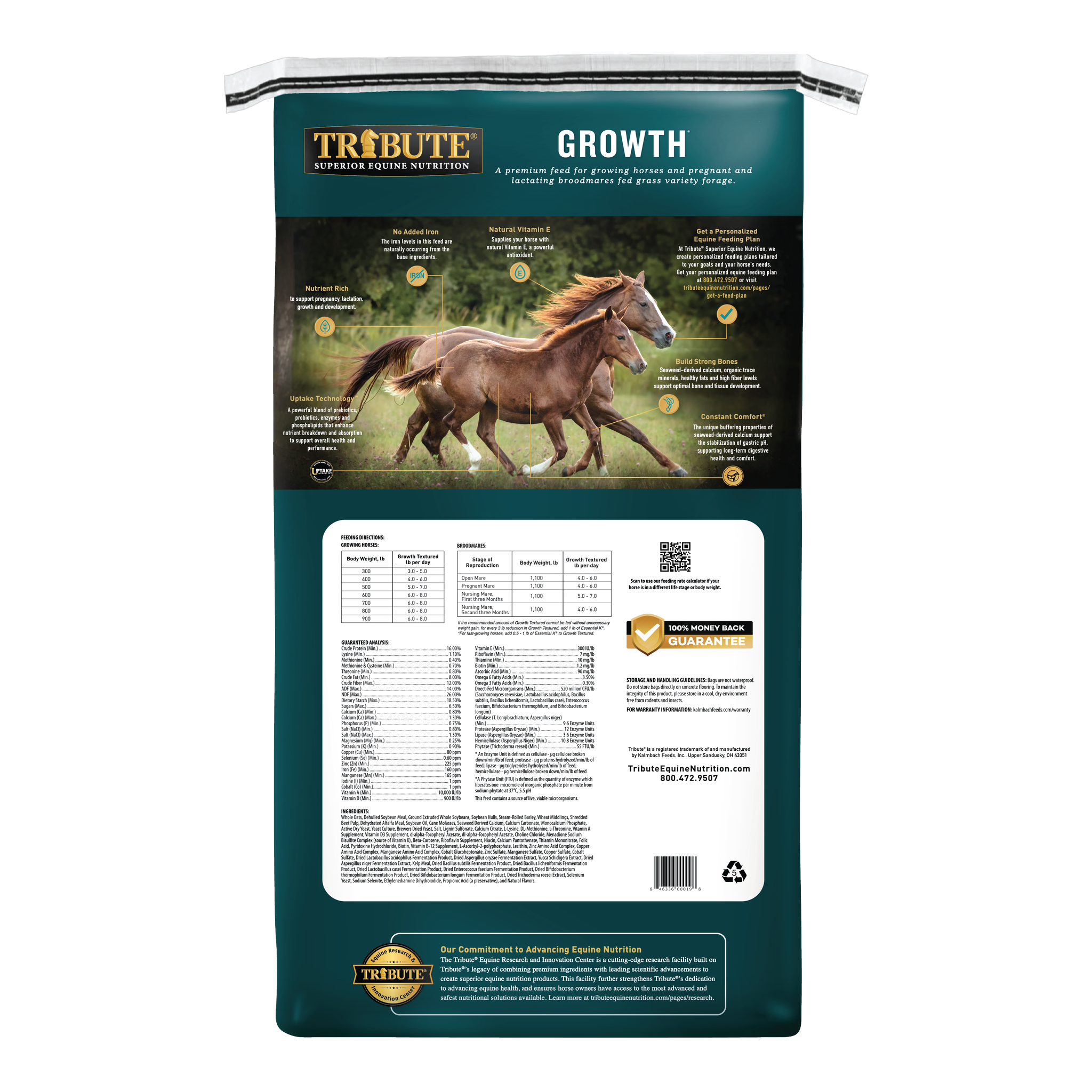Tribute Growth Textured Horse Feed 50 lb bag, back with feeding directions #50 lb