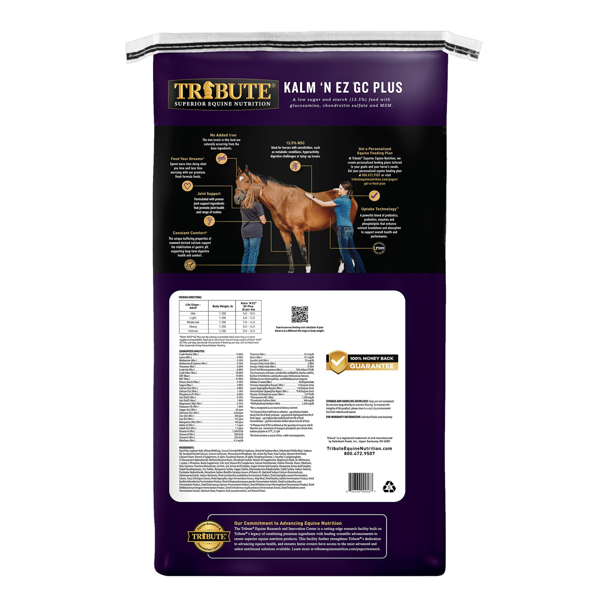 Tribute Kalm 'N EZ GC Plus Horse Feed 50 lb bag, back with feeding directions and guaranteed analysis #50 lb