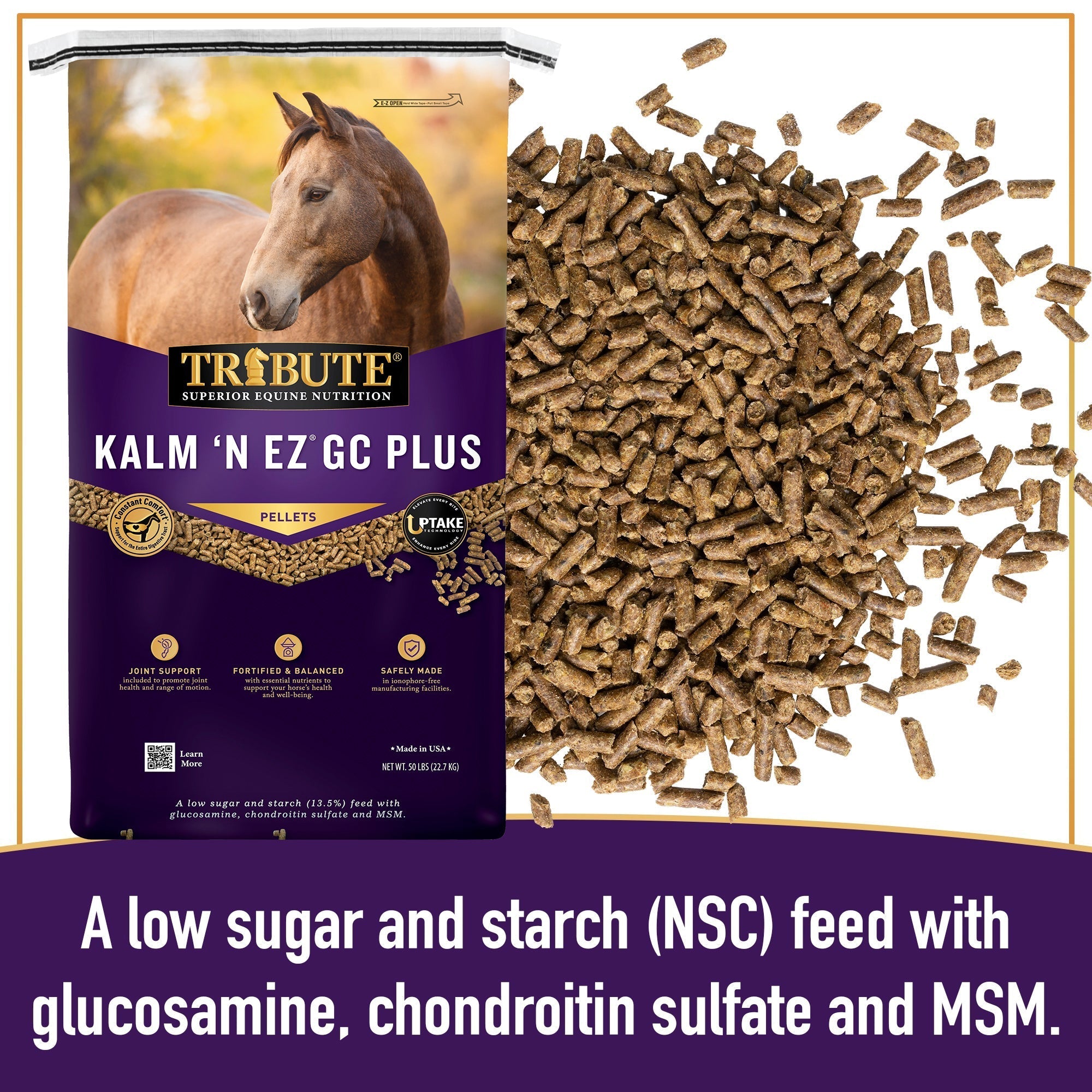 Tribute Kalm 'N EZ GC Plus bag beside low sugar and starch pellets