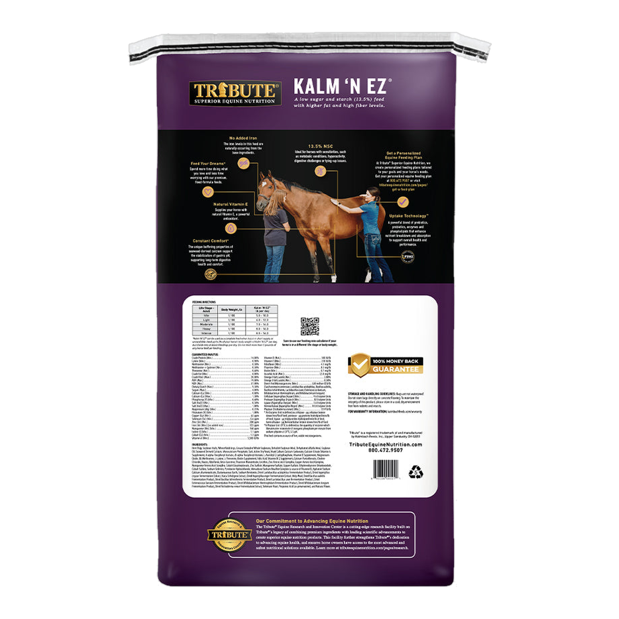 Tribute Kalm 'N EZ Pellet Horse Feed 50 lb bag, back with feeding directions and guaranteed analysis #50 lb