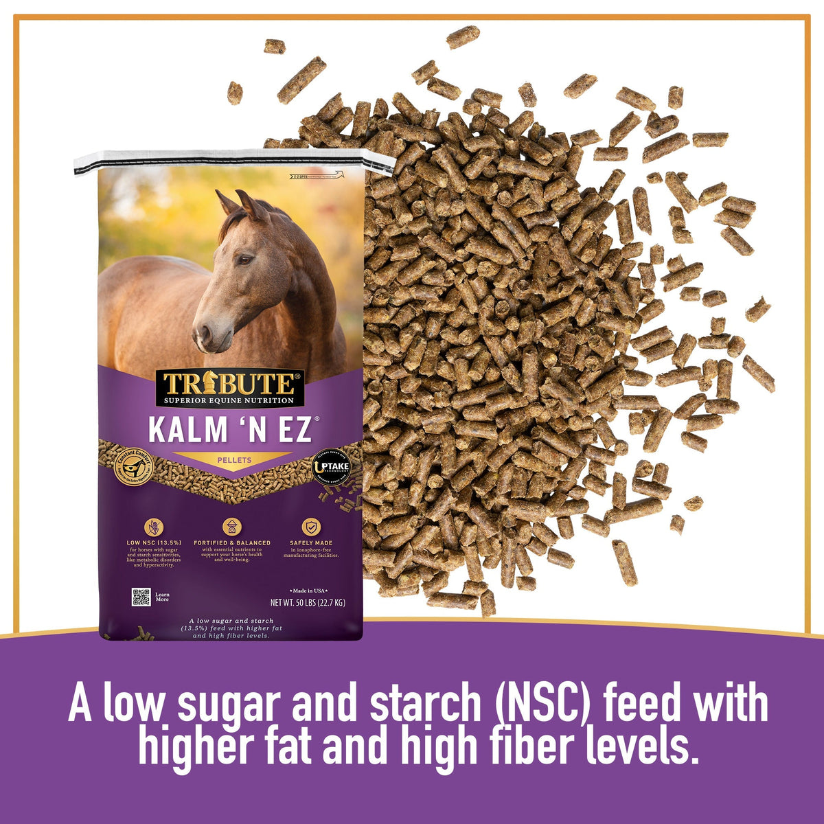 Tribute Kalm 'N EZ Pellet, a low sugar and starch feed with higher fat and high fiber levels