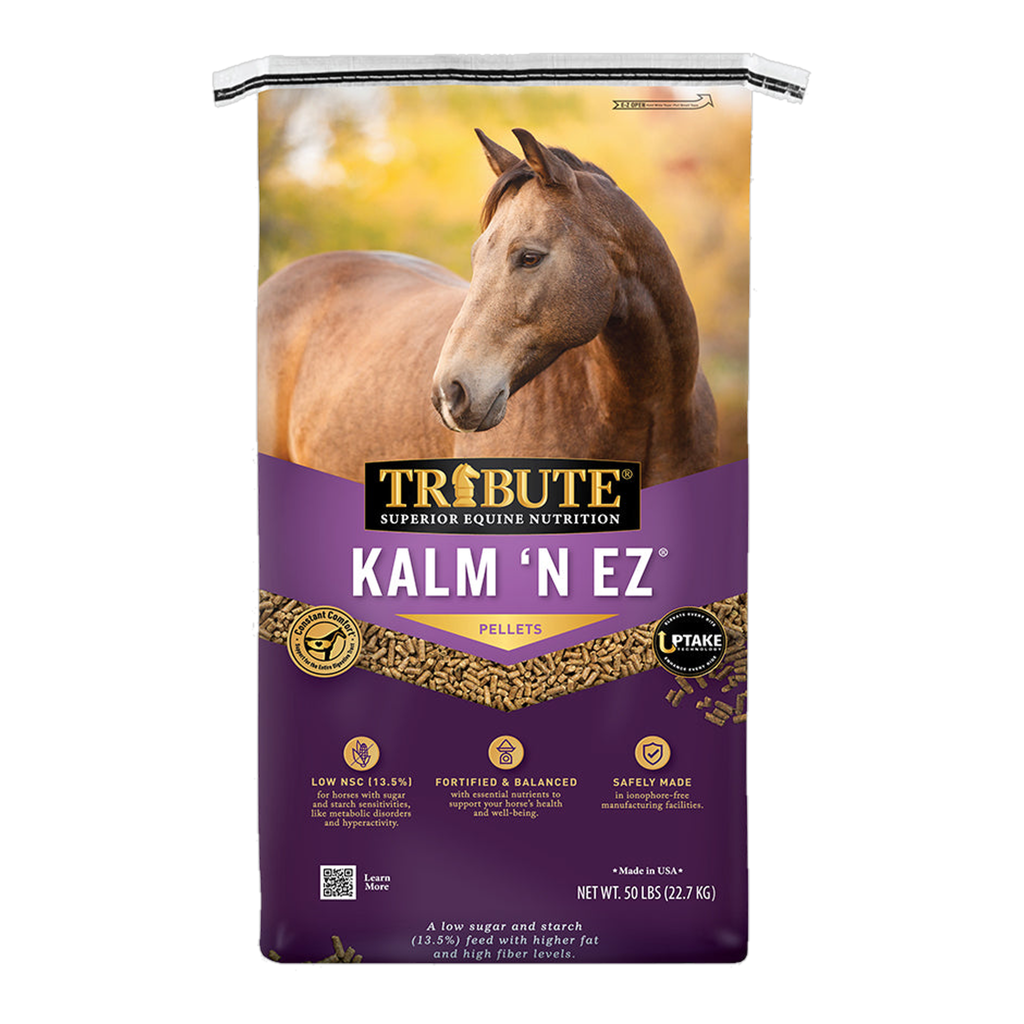 Tribute Kalm 'N EZ Pellet Horse Feed 50 lb bag, front #50 lb