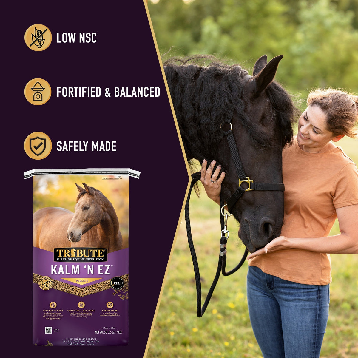Tribute Kalm 'N EZ Pellet highlights: low NSC, fortified and balanced, safely made
