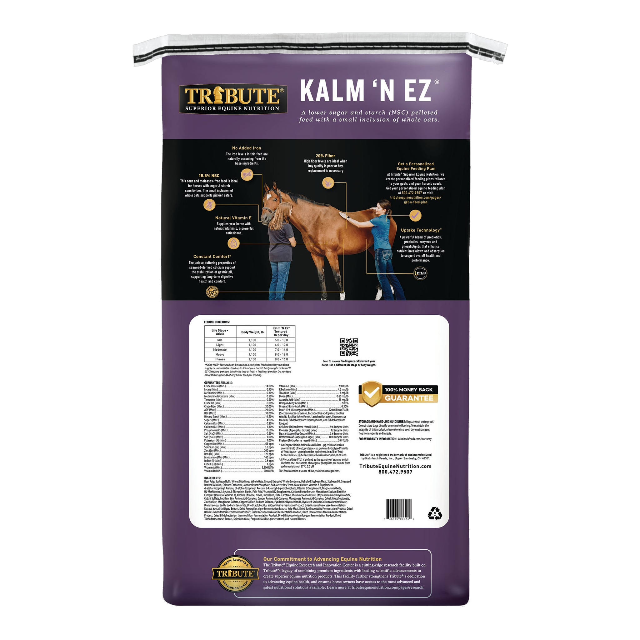 Tribute Kalm 'N EZ Textured Horse Feed back label with guaranteed analysis and feeding directions #50 lb