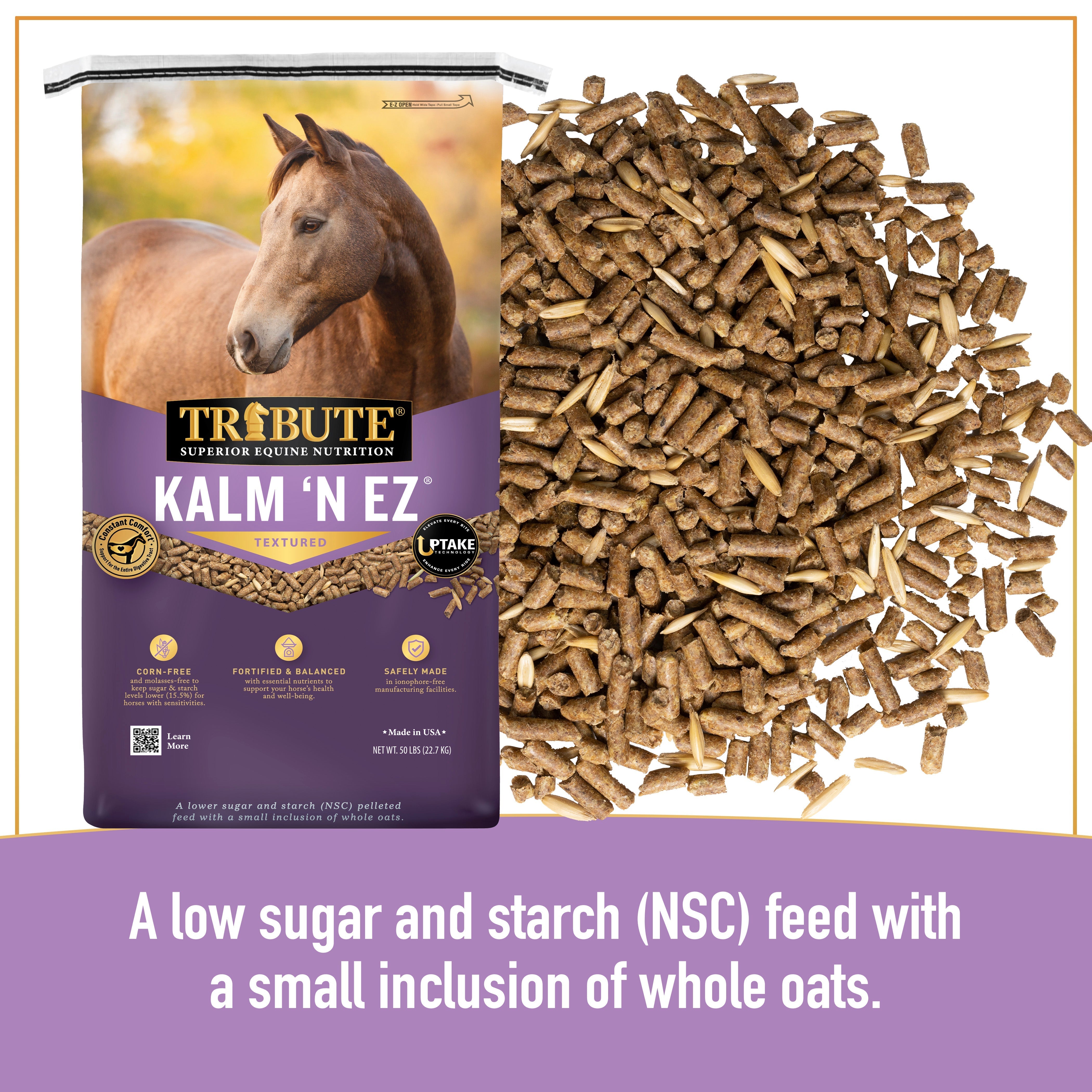 Close-up of Tribute Kalm 'N EZ Textured feed pellets with whole oats beside the 50 lb bag