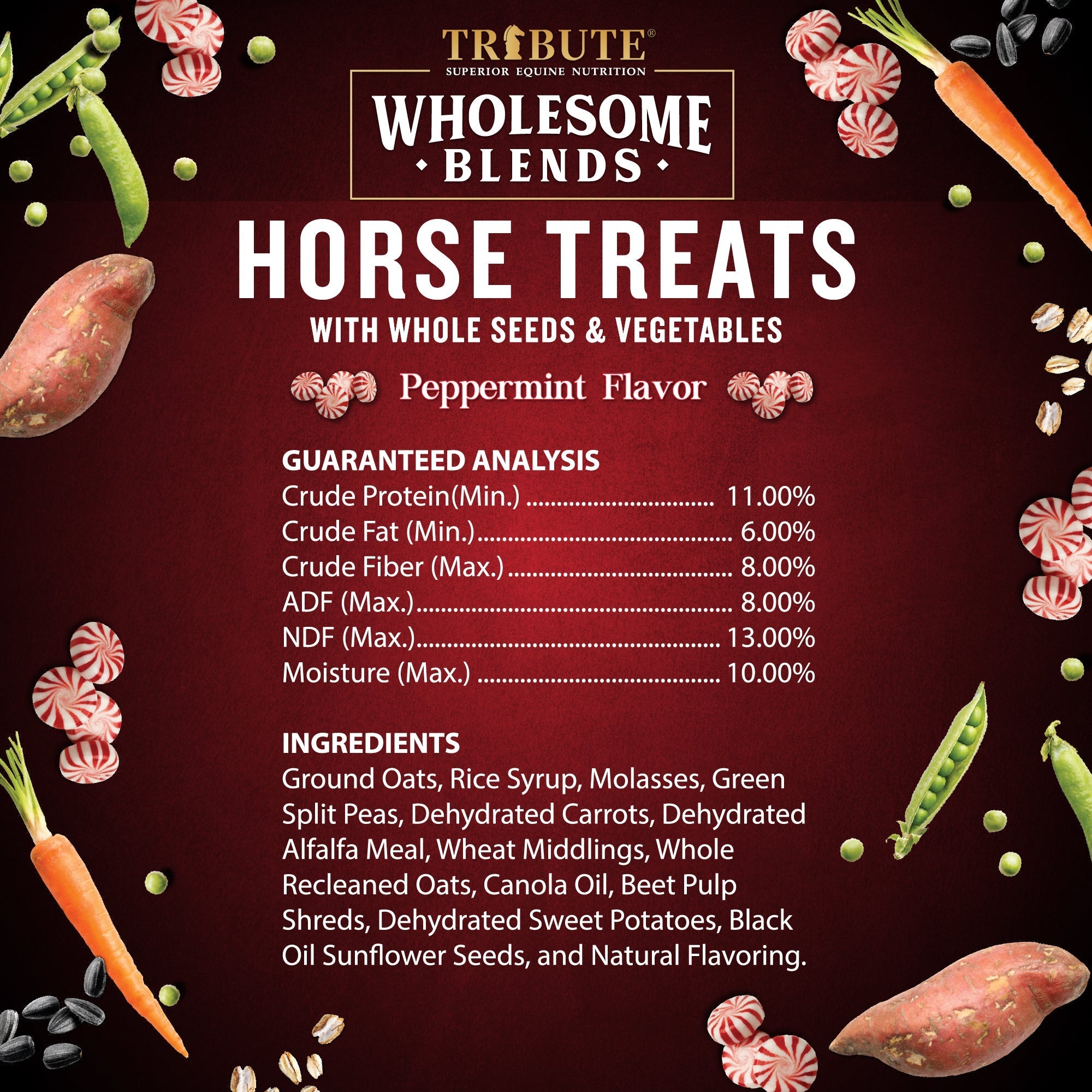 Guaranteed analysis and ingredients panel for Tribute Peppermint Wholesome Blends Horse Treats